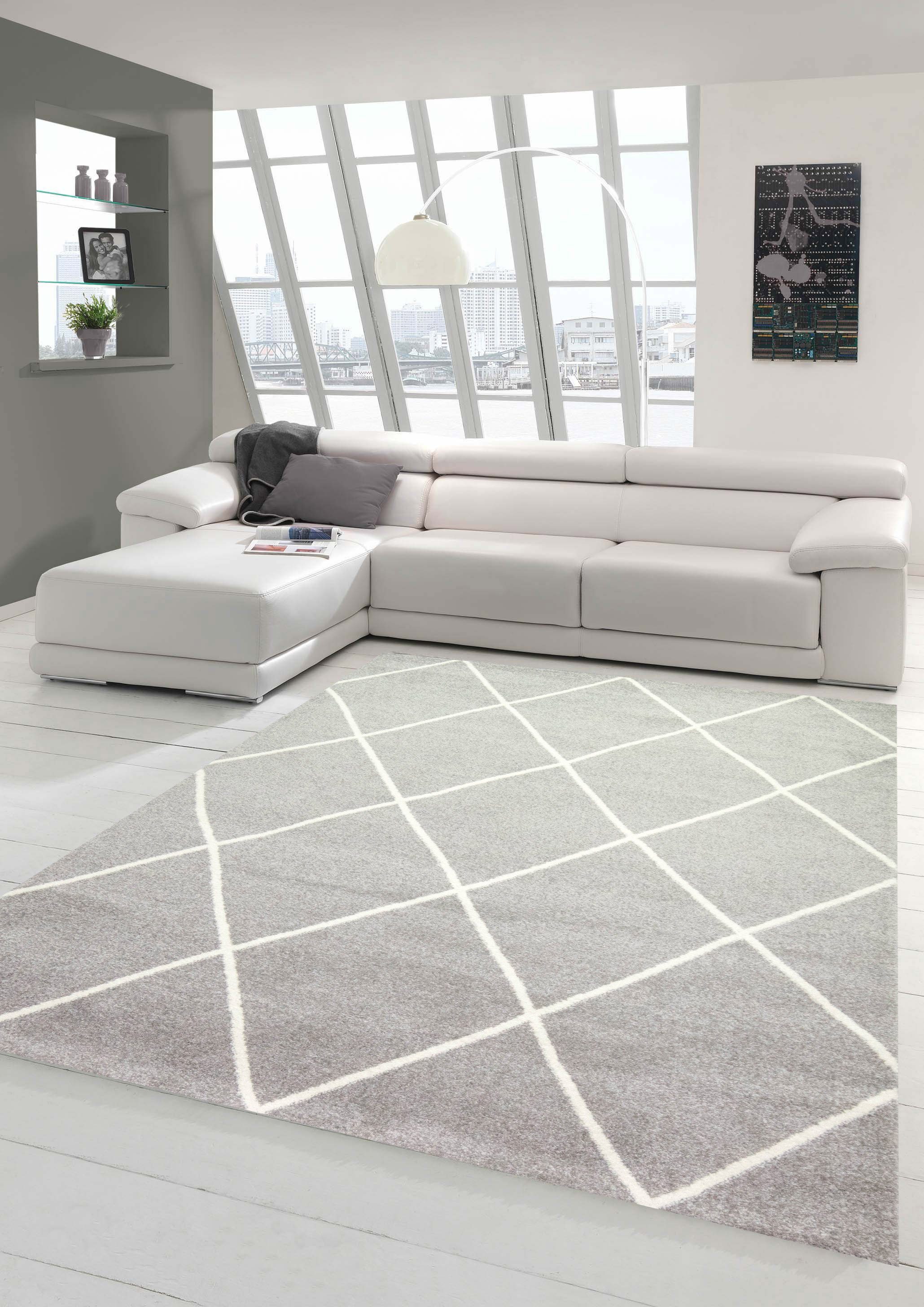 Teppich Teppich Skandinavischer Stil Wohnzimmer Rautenmuster - pflegeleicht - grau creme weiß, Teppich-Traum, rechteckig, Höhe: 9 mm