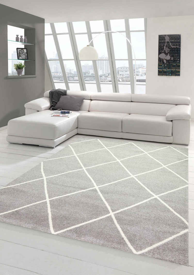 Teppich »Teppich Skandinavischer Stil Wohnzimmer Rautenmuster - pflegeleicht - grau creme weiß«, Teppich-Traum, rechteckig, Höhe 9 mm