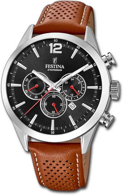 Festina Chronograph Festina Leder Herren Uhr, Herrenuhr mit Lederarmband, rundes Gehäuse, groß (ca. 44mm), Fashion-S