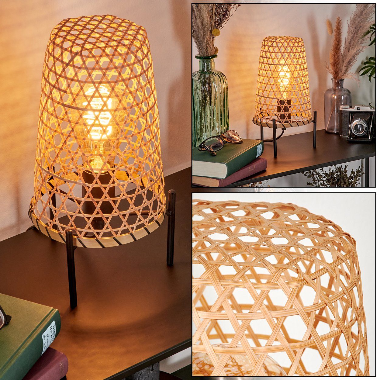 hofstein Tischleuchte Boho in Metall/Rattan 1xE27, Schwarz/Natur, Leuchtmittel Tischlampe ohne aus Lichteffekt, moderne An-/Ausschalter, ohne Nachttischlampe Leuchtmittel