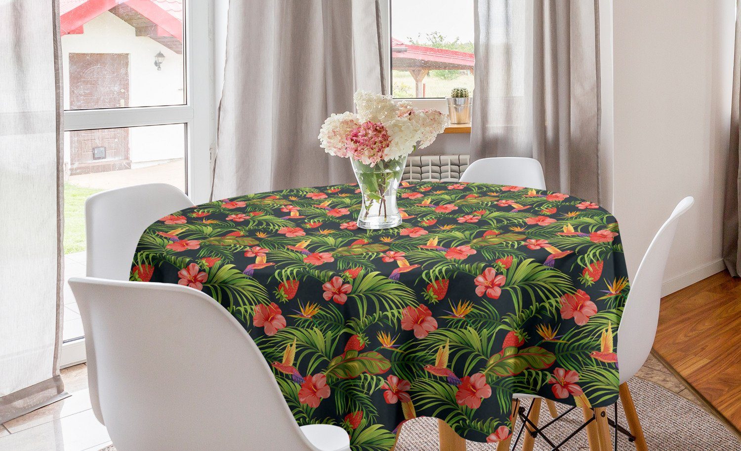 Abakuhaus Tischdecke Kreis Tischdecke Abdeckung für Esszimmer Küche Dekoration, Hibiskus Banana Leaves Strawberry