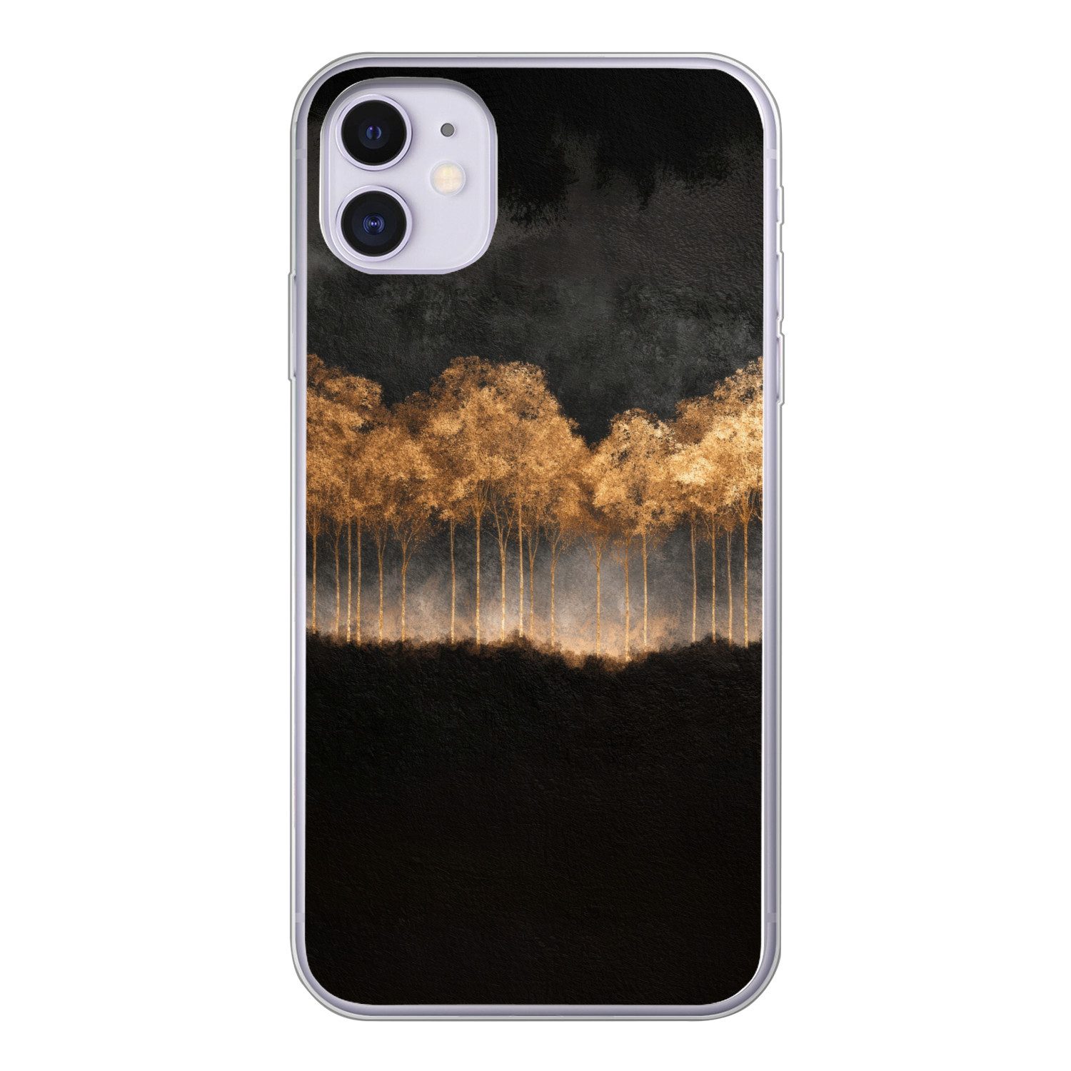 MuchoWow Handyhülle für Apple iPhone 11 Goldene Bäume in nebliger Landschaft, Smartphone-Bumper, Print, Handy Schutzhülle Dünn