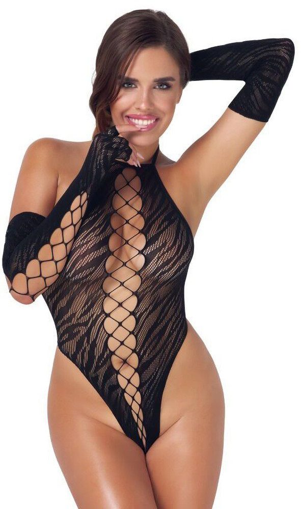 Fantasy by Cottelli Collection Body Netz-Body und Handschuhe transparent - schwarz (1-tlg) Transparent mit eingewebten Tigerstreifen