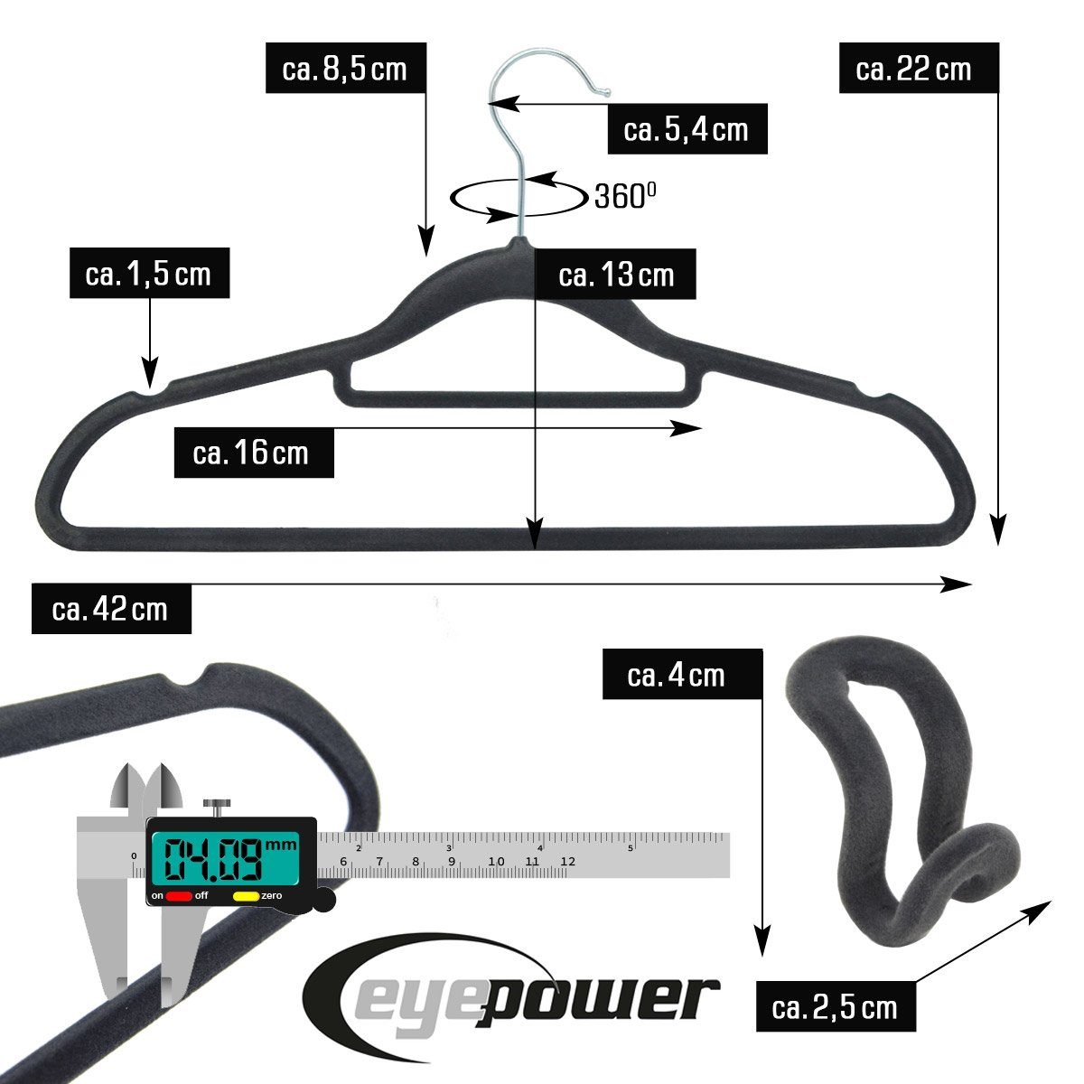 eyepower Kleiderbügel 20 Samt Rutschfest Antirutsch, grau Hemden-Bügel 10 Kleiderbügel Haken-Organizer