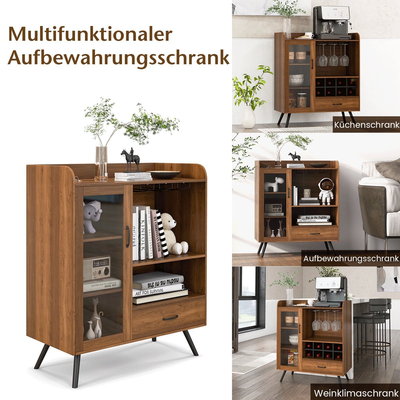 COSTWAY Weinschrank Barschrank mit 8 Flaschenregalen, Glashaltern, Schublade