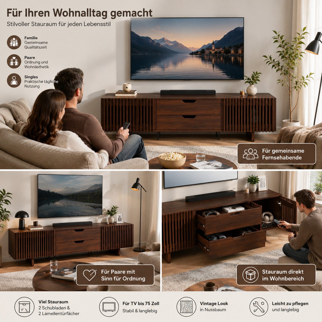 Yorbay TV-Bank Vintage Nussbaum Lowboard, 180x40x45cm, Lamellentür-Design, Fernsehschrank mit 2 großer Schubladen für Fernseher bis zu 75 Zoll