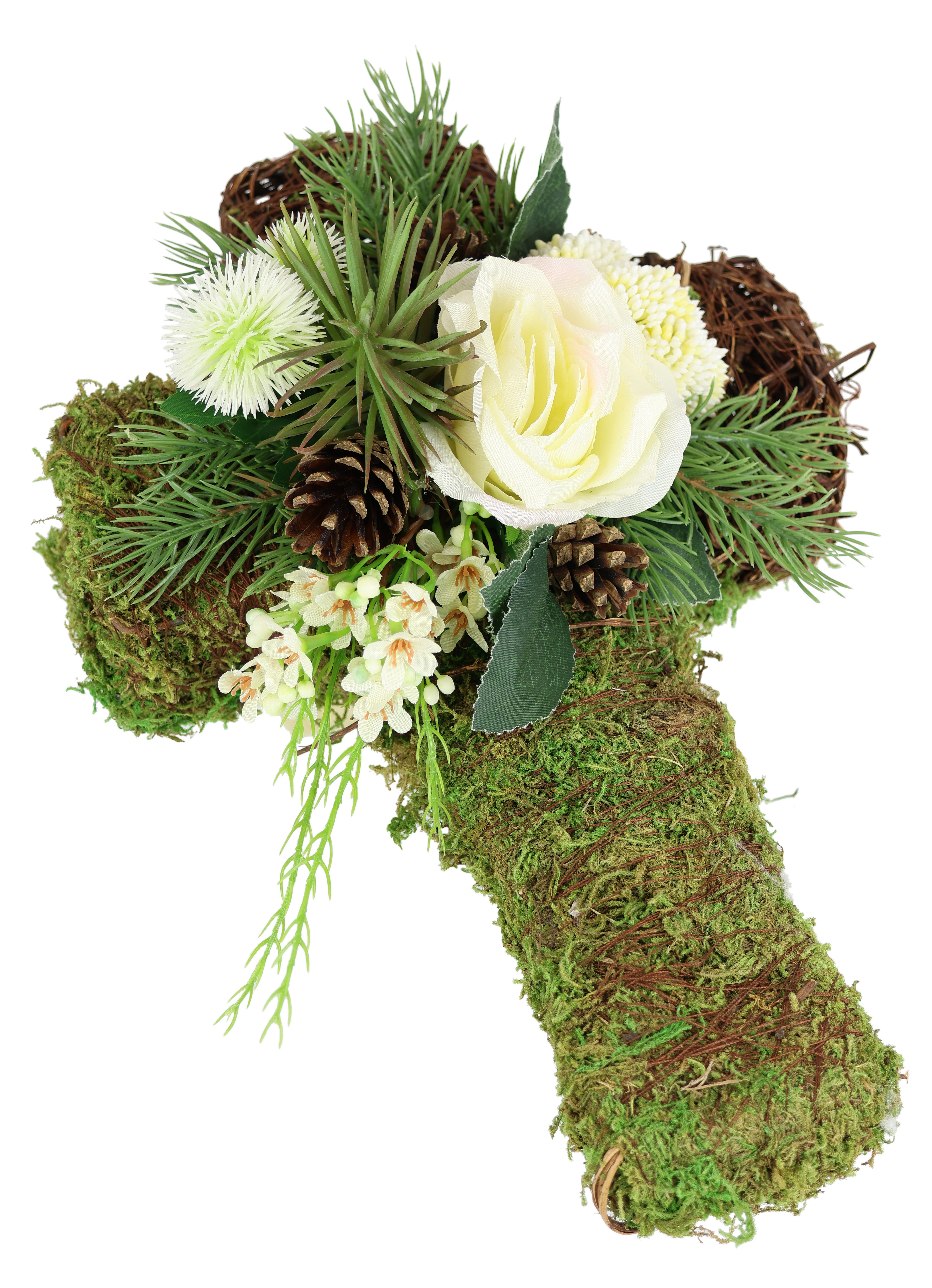 Kunstblume Gesteck mit Rosen auf Kreuz, OTTO home, Höhe 11 cm, Kreuzdekoration mit Kunstrosen, Zapfen und Ziergrün