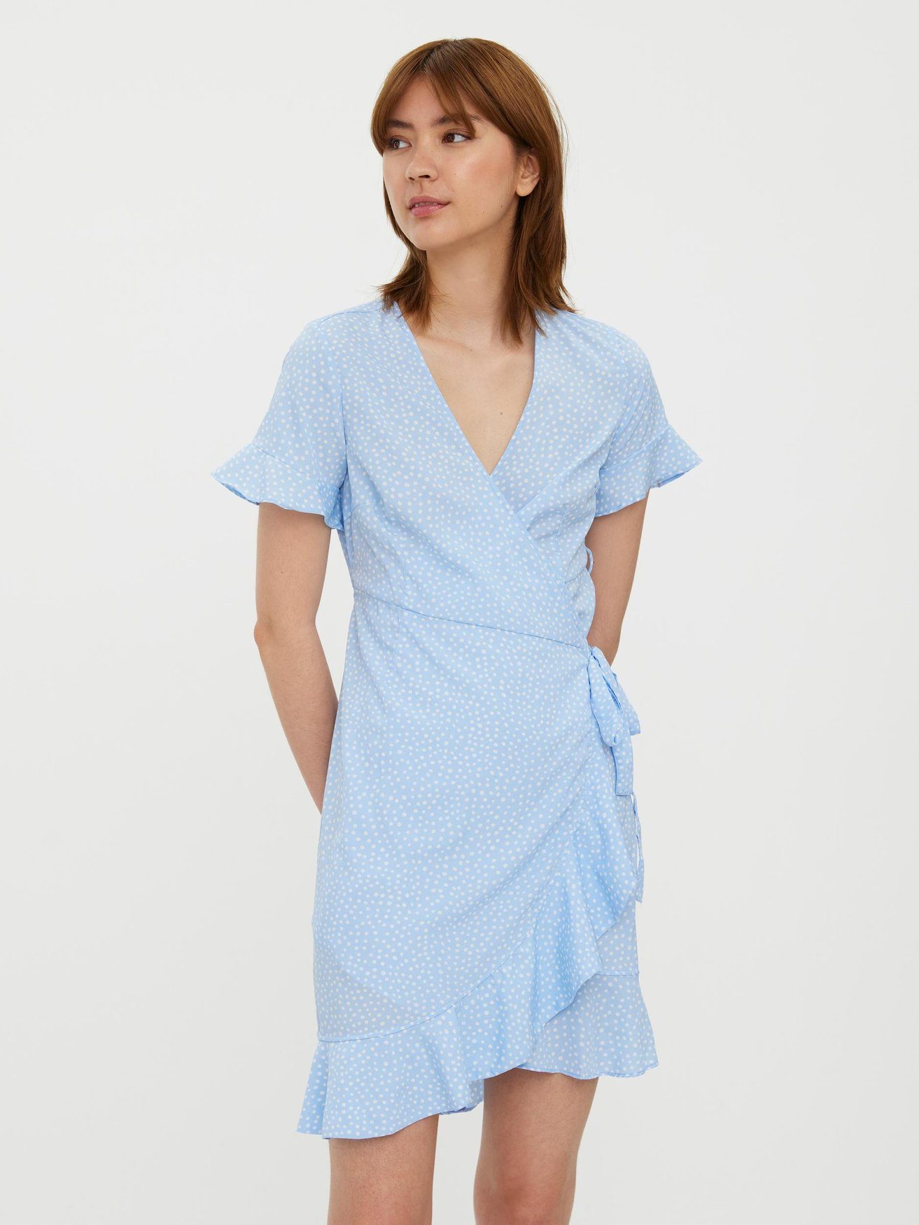 Vero Moda Rüschen Wickel Kleid 5757 VMHENNA Kurzes Shirtkleid mit Blau in (kurz)