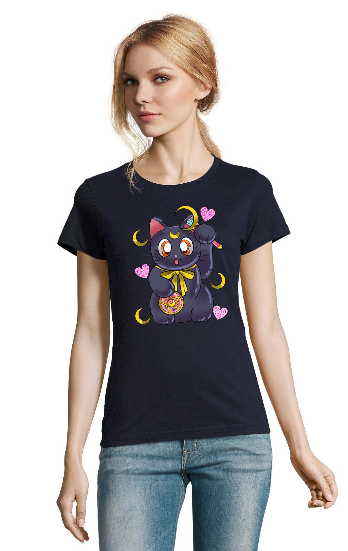T-Shirt Süße Sailor Katze Cat Luna Moon Anime Manga Damen Fun Shirt