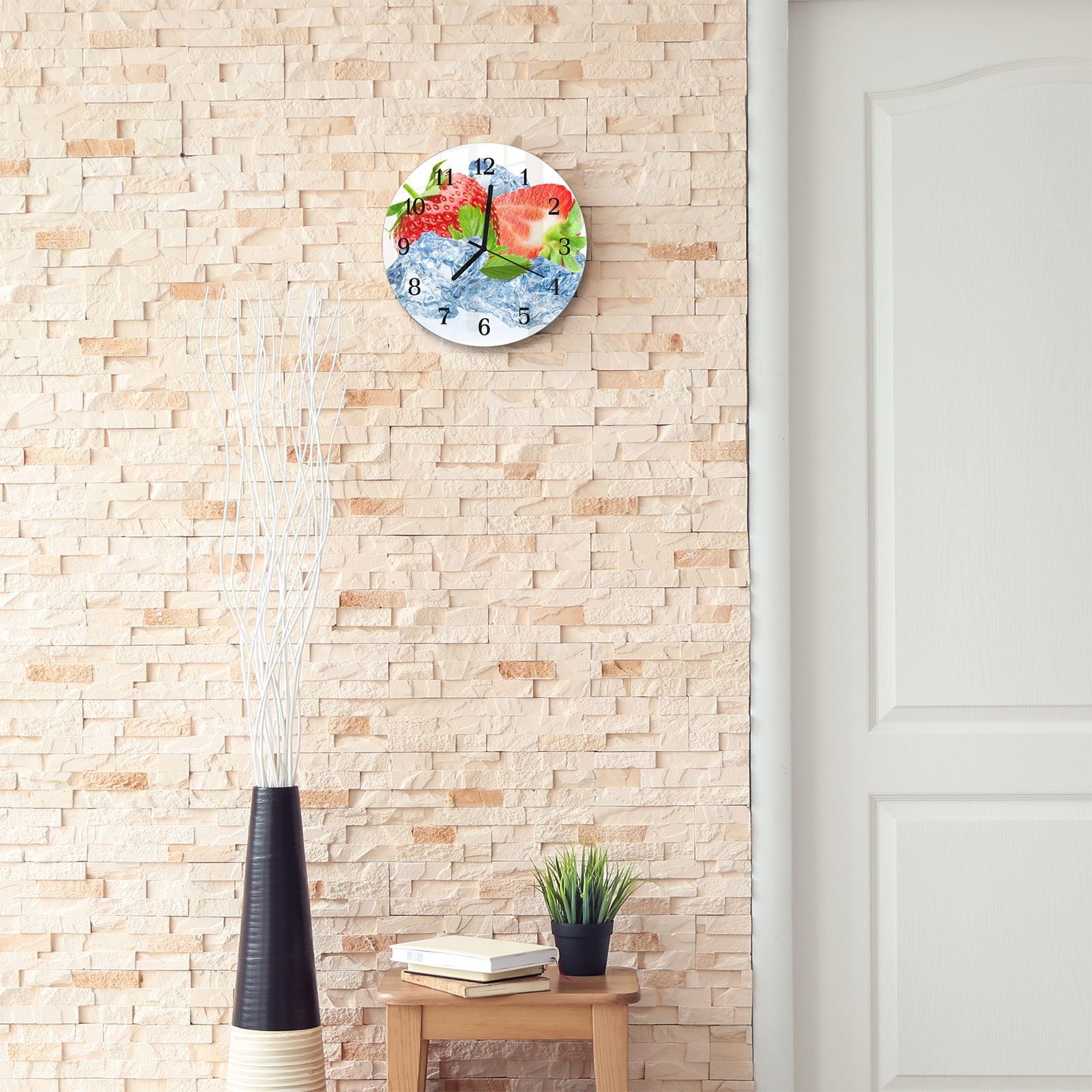 Motiv und cm Glas Quarzuhrwerk auf Wanduhr Durchmesser mit Rund Wanduhr Erdbeeren Eis mit Primedeco aus 30 -