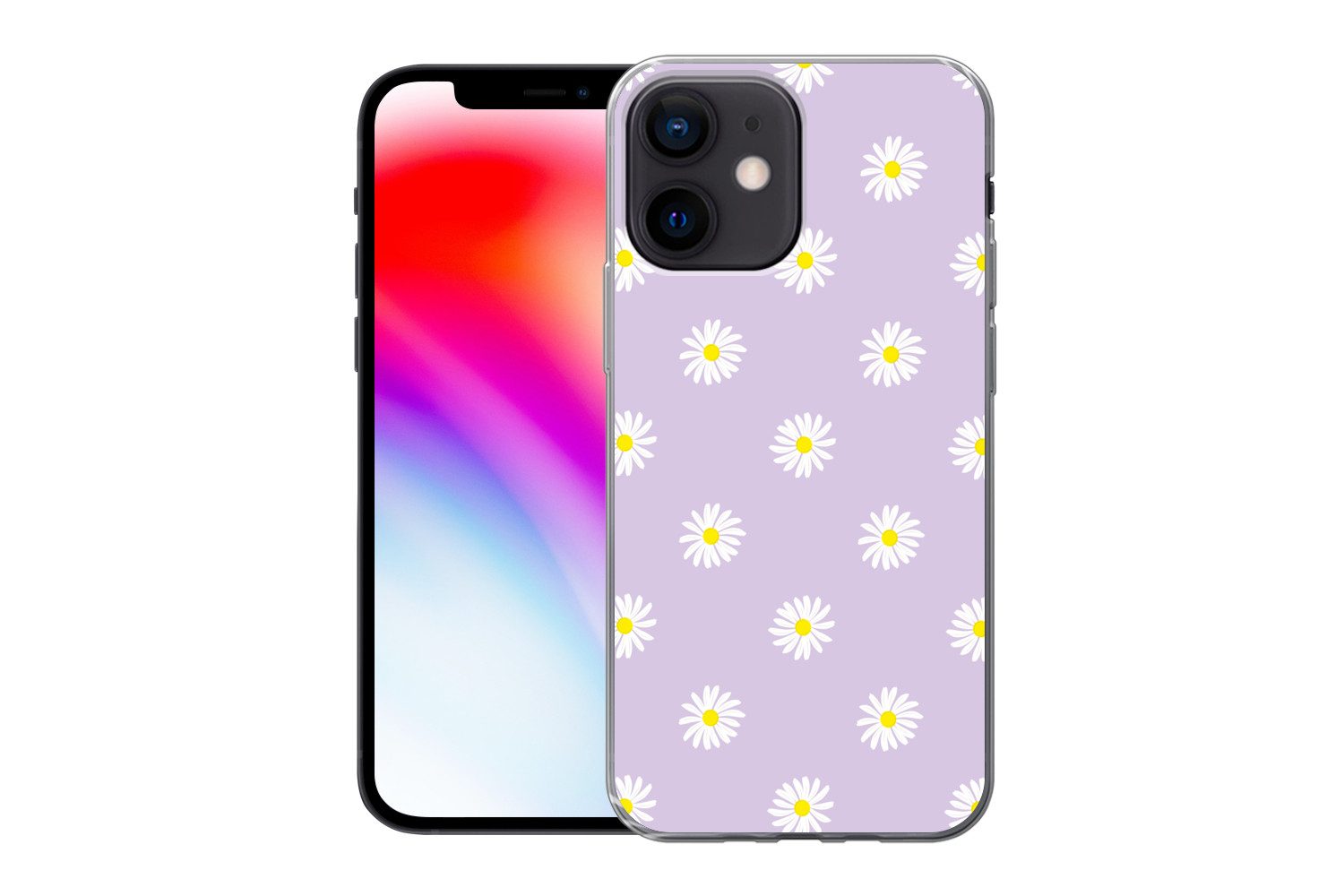 MuchoWow Handyhülle für Apple iPhone 12 mini Gänseblümchen - Pastell - Weiß - Lila - Blume, Smartphone-Bumper, Print, Handy Schutzhülle Dünn