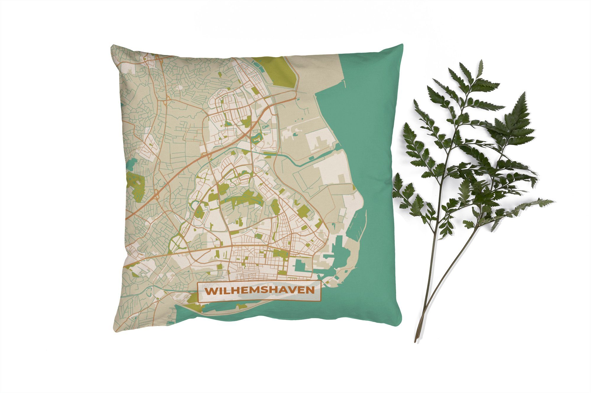 MuchoWow Dekokissen Wilhelmshaven - Karte - Stadtplan - Vintage, Zierkissen mit Füllung für Wohzimmer, Schlafzimmer, Deko, Sofakissen