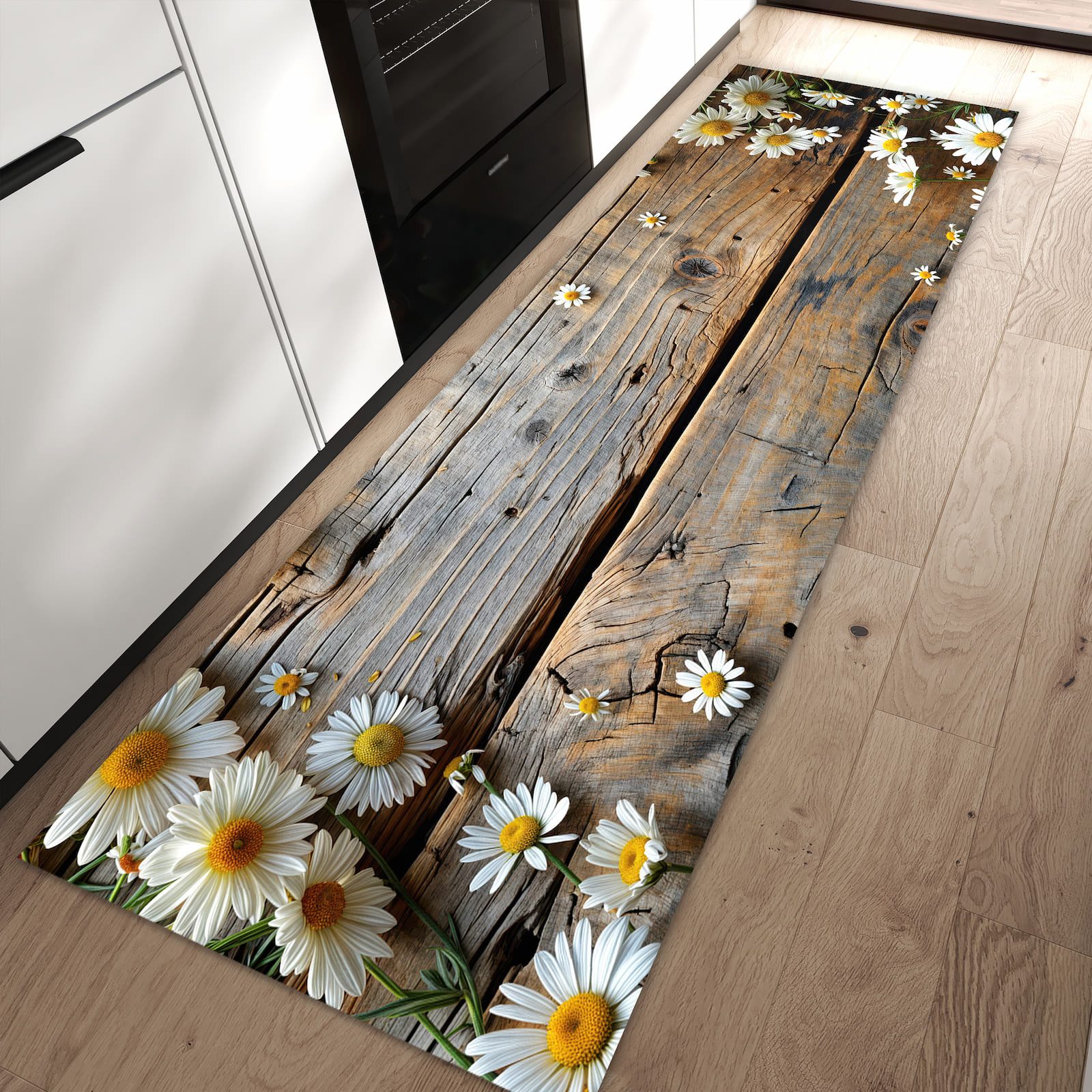 Primedeco Teppich Küchenteppich Holz und Gänseblümchen PVC rutschfest abwaschbar Läufer, Rechteckig, Höhe: 3 mm, Pflegeleicht & Wasserabweisend