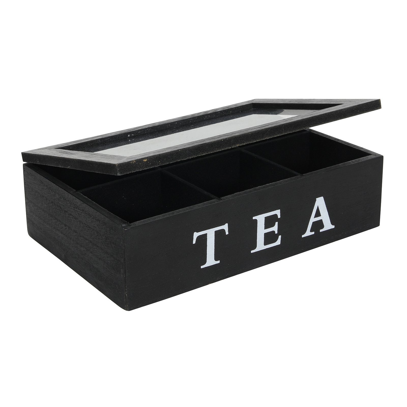Neuetischkultur Vorratsdose Teebox mit 6 Kammern Holz schwarz, Holz, (Stück, 1-tlg), Teebeutelkiste mit Sichtfenster Teedose