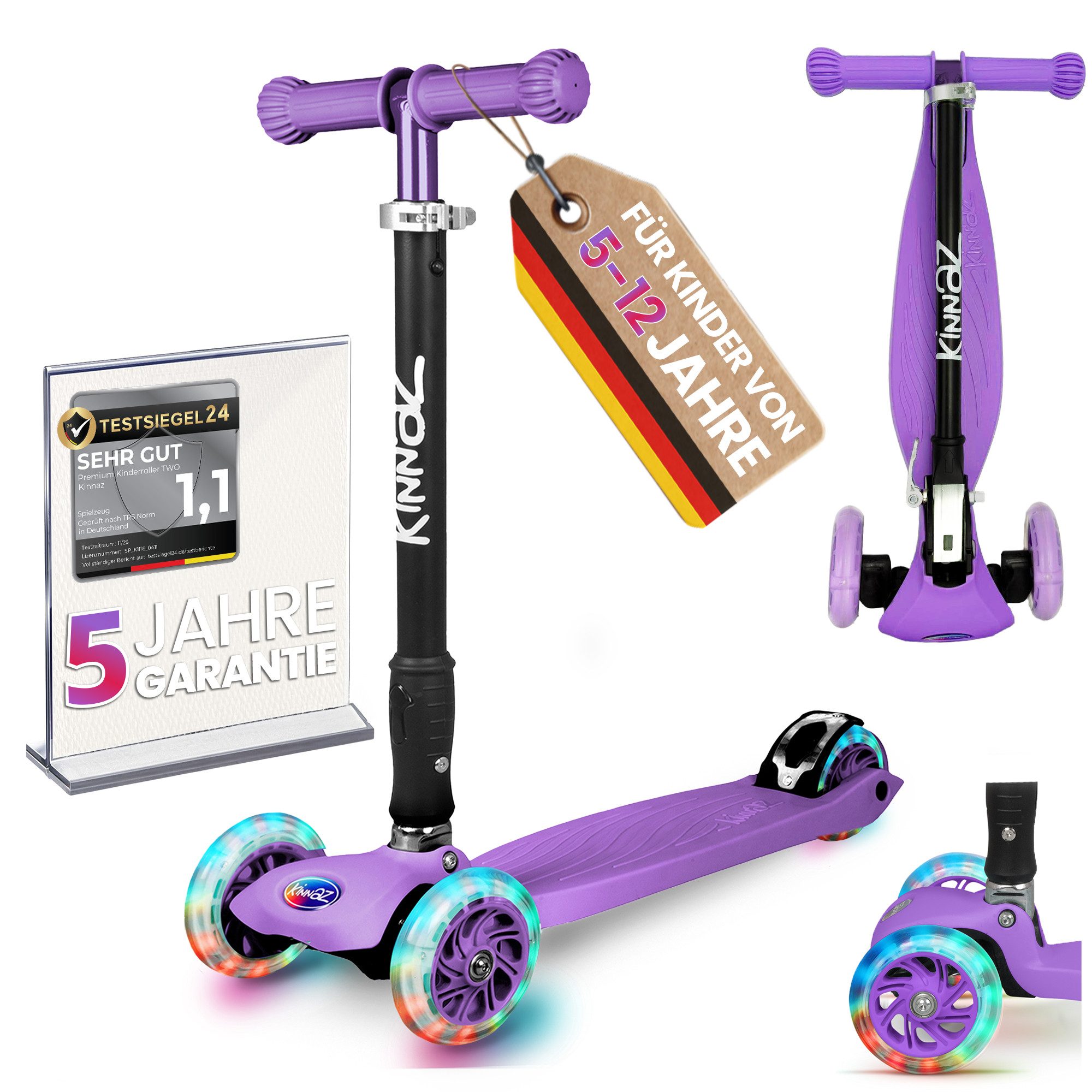 KINNAZ Dreiradscooter Kinderroller ab 5 Jahre, faltbar, Höhe einstellen, LED Räder, Garantie, (Kinderroller, Kinnaz Two), Händler aus Hamburg
