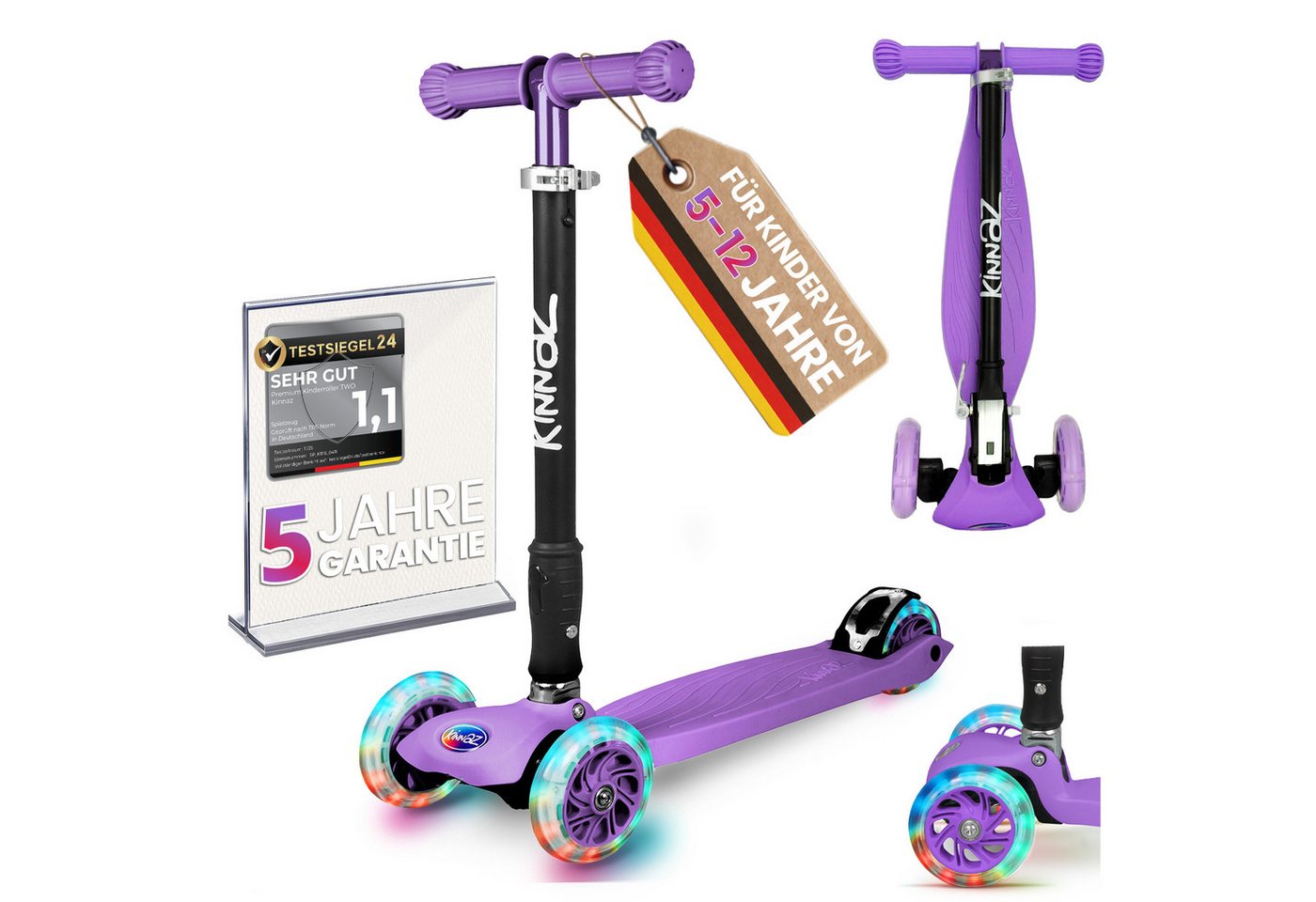 KINNAZ Dreiradscooter ab 5 Jahre, LED Räder, Höhe flexibel, faltbar, Roller Scooter Garantie, (Kinderroller, Kinnaz Two), faltbar, höhenverstellbar, LED Räder, Ersatzteilservice, aus Hamburg