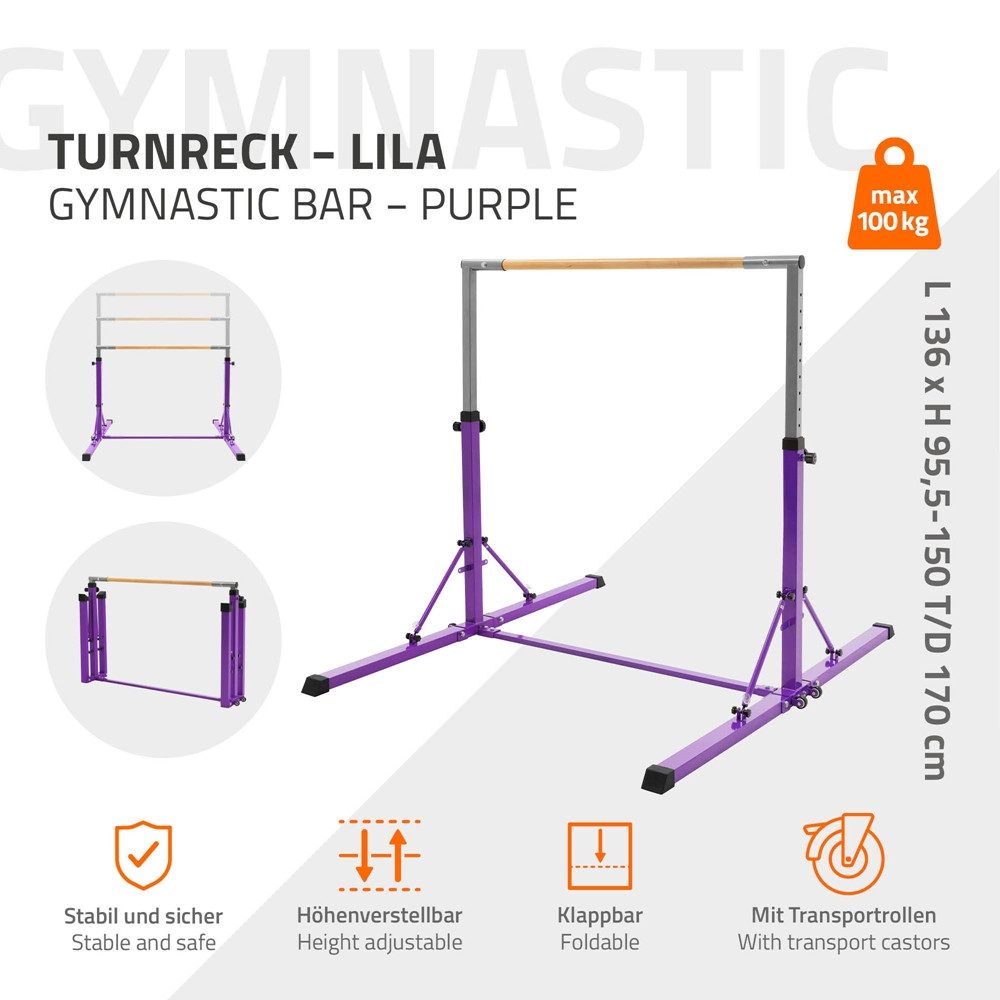 Hauki Turnreck Kinder Gymnastik Turnstangen Trainingsgeräte bis 100kg Indoor/Outdoor, Heimtraining Reckstange faltbar & höhenverstellbar 95,5-150cm Lila