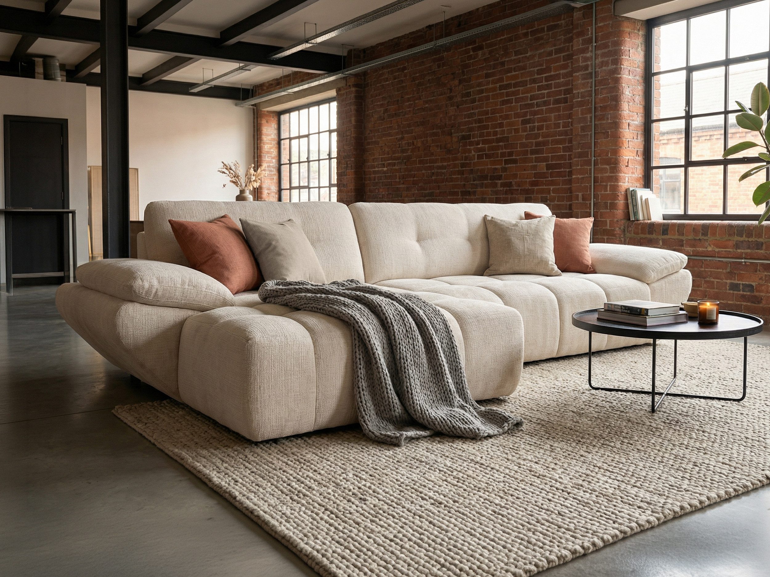 Massivart® Ecksofa weicher Bouclé creme 308 cm / elektr. Sitztiefenverstellung »HUGO«, Ottomane B 144 cm, Nosagfederung, inkl. 2 Zierkissen