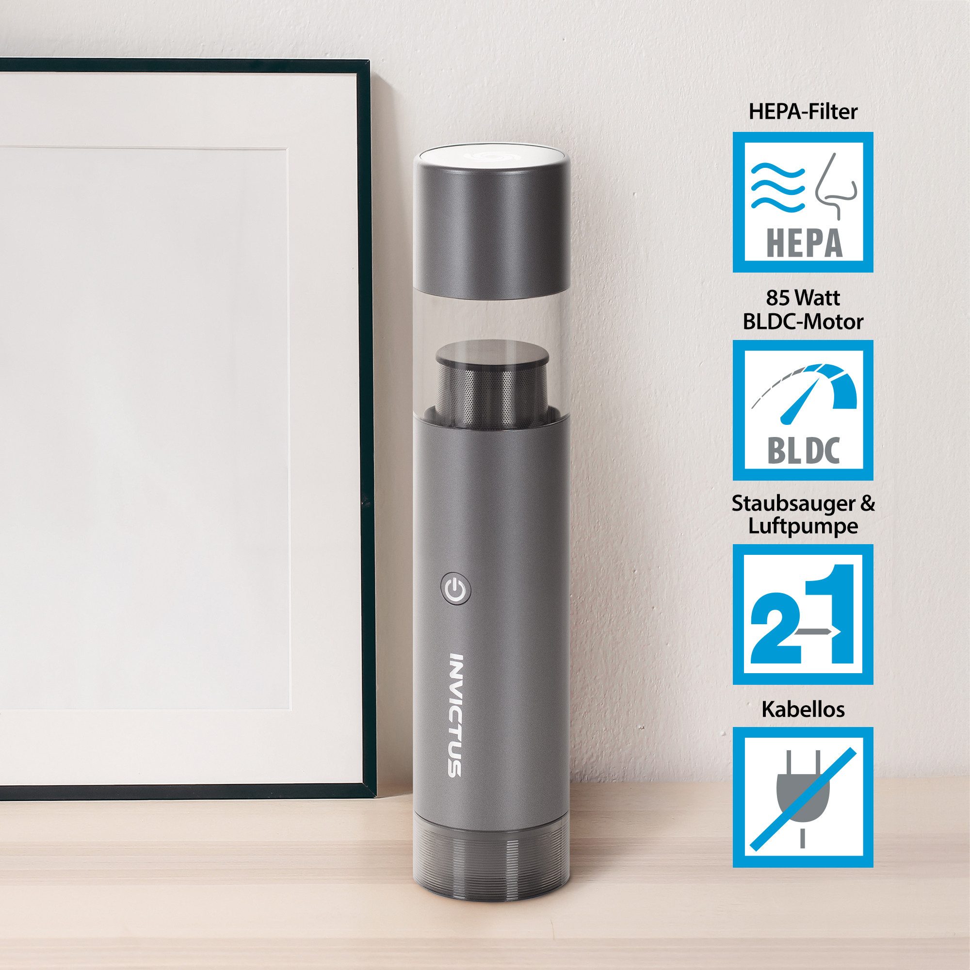 Genius Akku-Handstaubsauger INVICTUS ONE TABLE Handstaubsauger Auto, Set 7-tlg., 85,00 W, beutellos, 2in1 Staubsauger & Luftpumpe, perfekt für Ausflüge, leicht und kompakt
