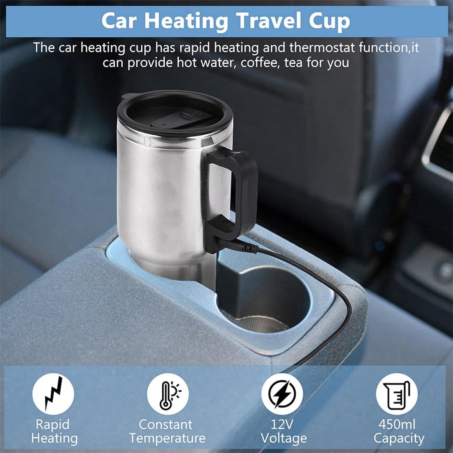 LA CUTE Thermobecher isolierte Auto Heiz-Thermoskanne Warmhaltebecher, Edelstahl, Hält Getränke dank 12V-Anschluss im Auto warm – Bild 4 von 5
