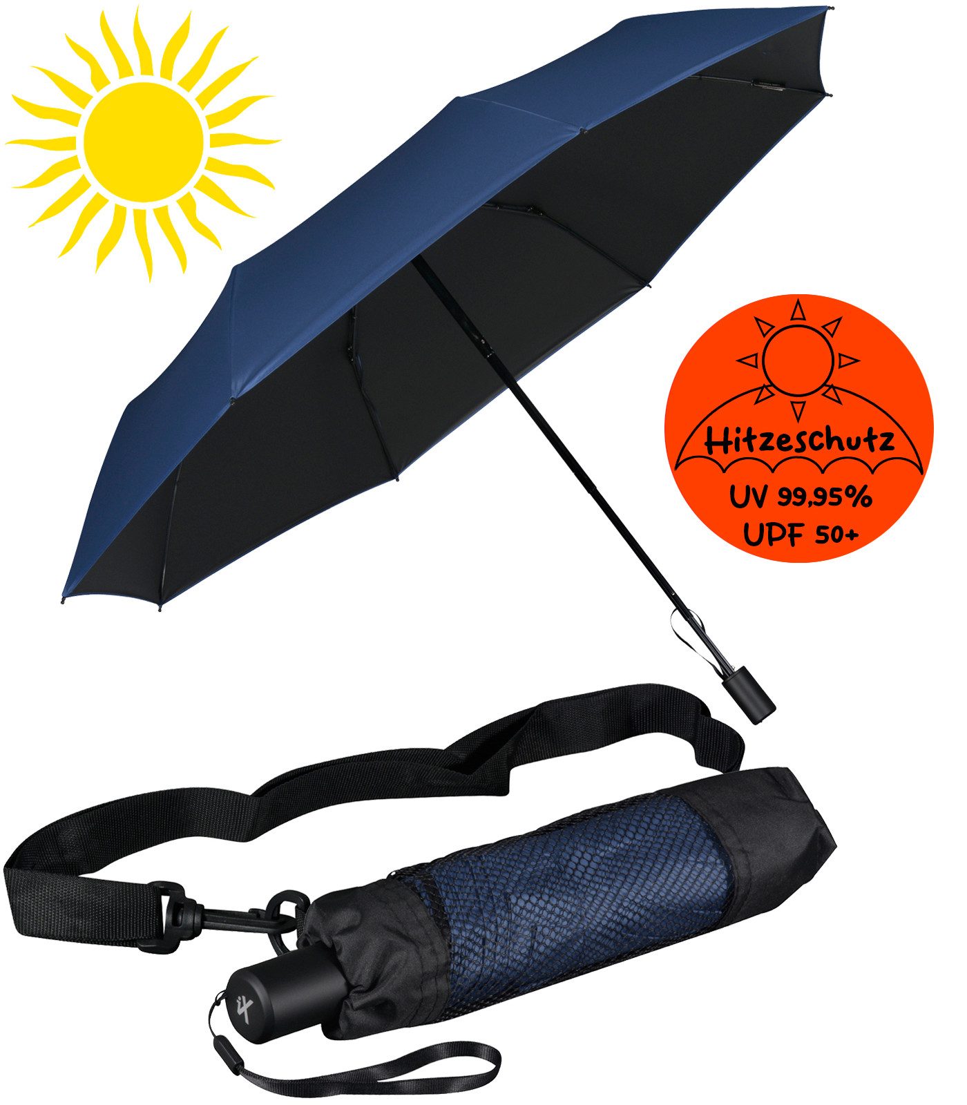 iX-brella Taschenregenschirm Sonnen-Regenschirm mit UPF 50+, UV-Hitze-Schutz, mit Umhängetasche, mit Handöffner, innen schwarz