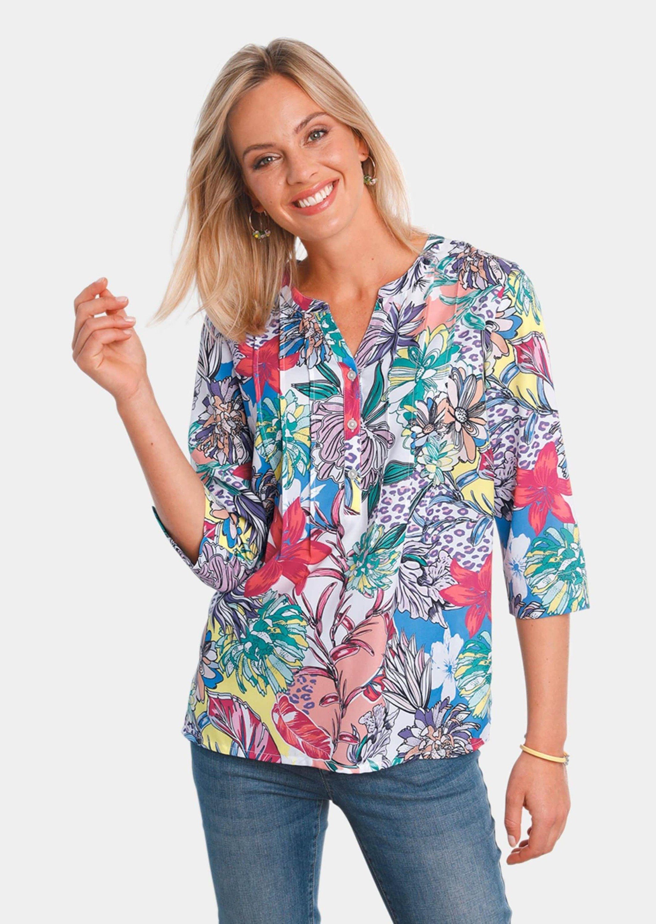 Druckbluse Kurzgröße: Blusenshirt mit Leo-Blüten-Muster