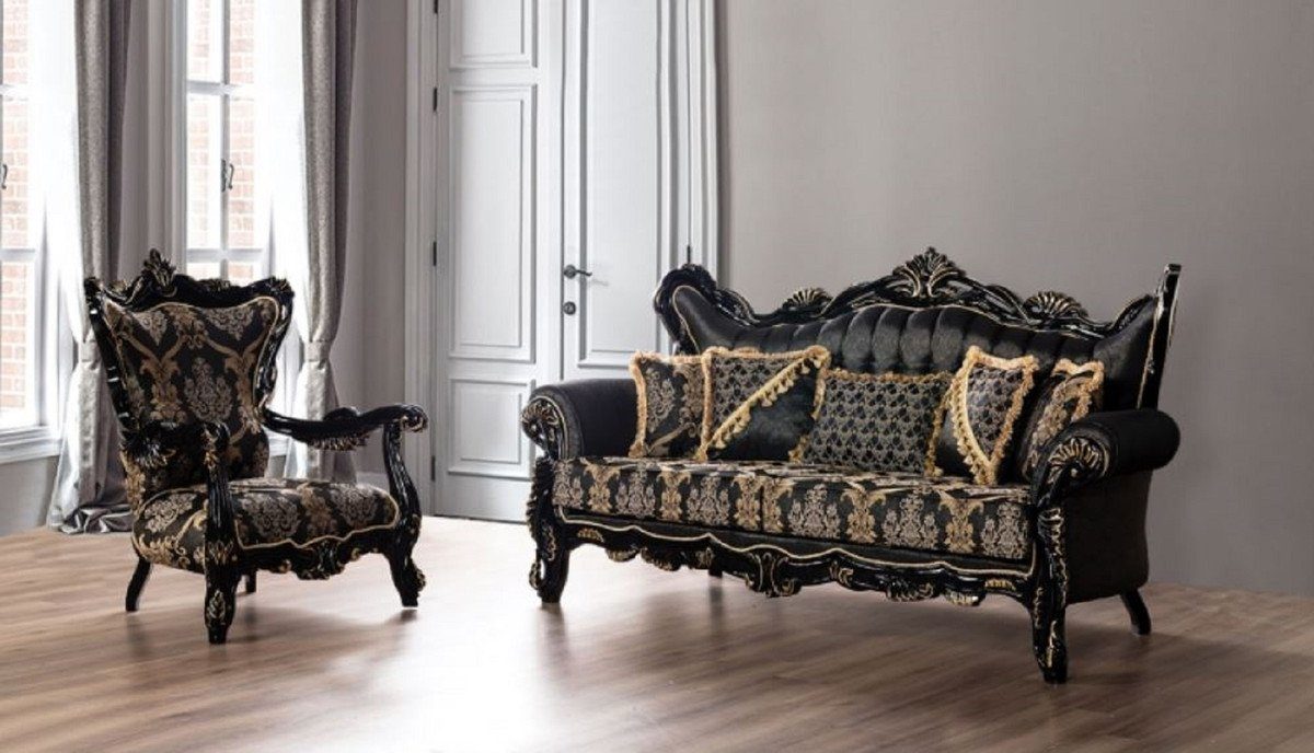 Wohnzimmer mit Gold elegantem Casa Luxus Barock Prunkvolles Muster - Barock / Padrino Sofa Wohnzimmer Sofa - Sofa Schwarz Möbel