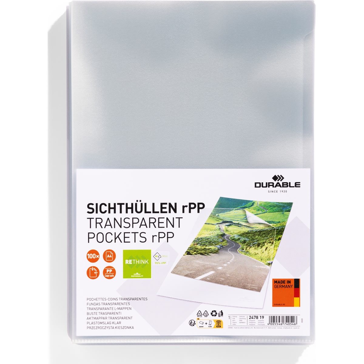 DURABLE Prospekthülle Sichthülle A4 PP 0,1mm oben und rechts offen transparent 100 Stück