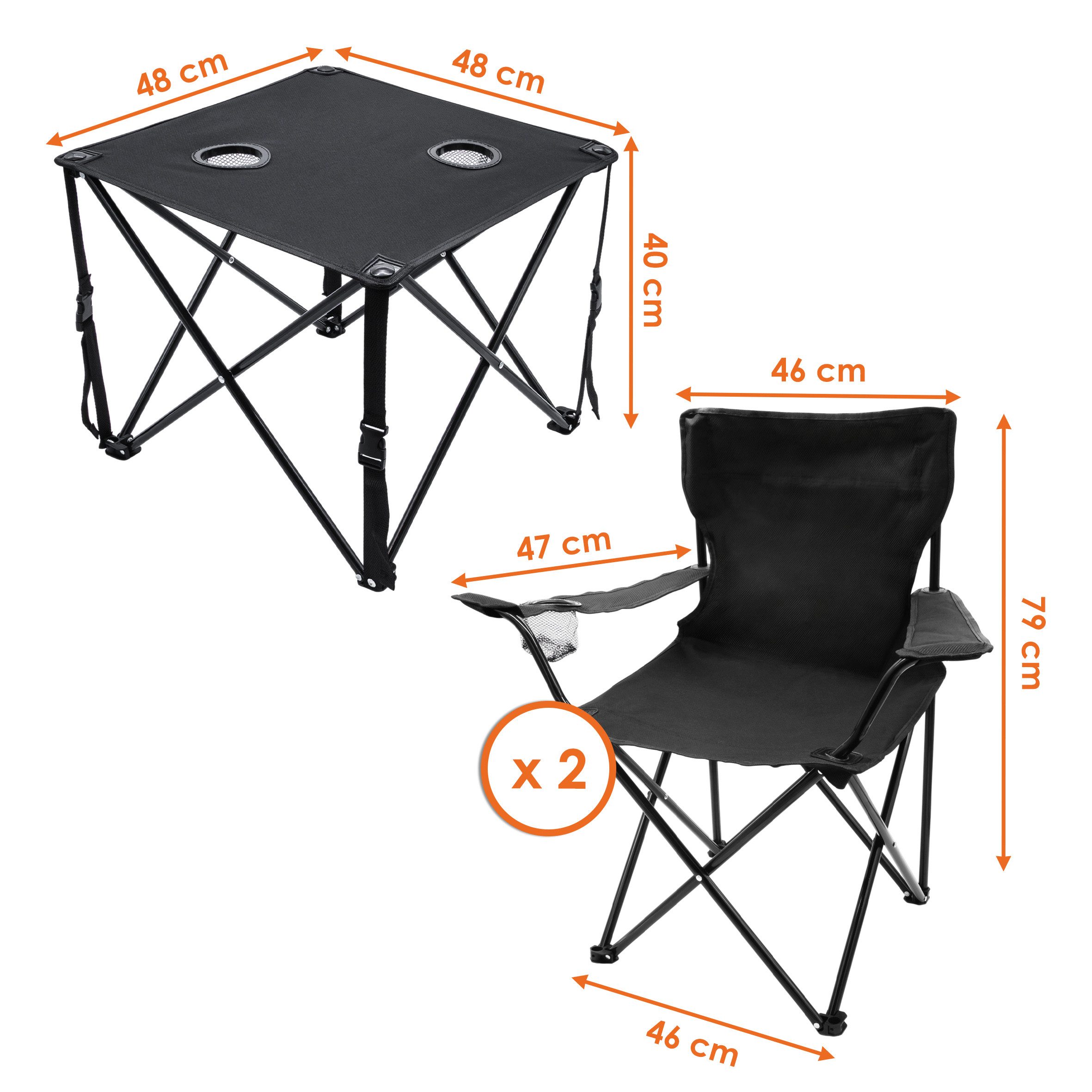Spetebo Campingstuhl Sitzgruppe Tisch und 2 Stühle für Garten & Camping (3 tlg., 1 St), Outdoor Sitzgarnitur faltbar mit jeweils integriertem Getränkehalter
