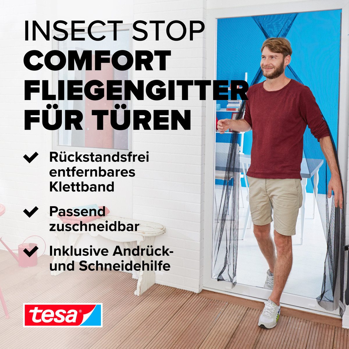 Thumbnail - tesa Insektenschutz-Tür Insect Stop Comfort Fliegengitter für Türen - 1,2 m : 2,2 m, (Packung, 1-St., Fliegennetz, Klett...