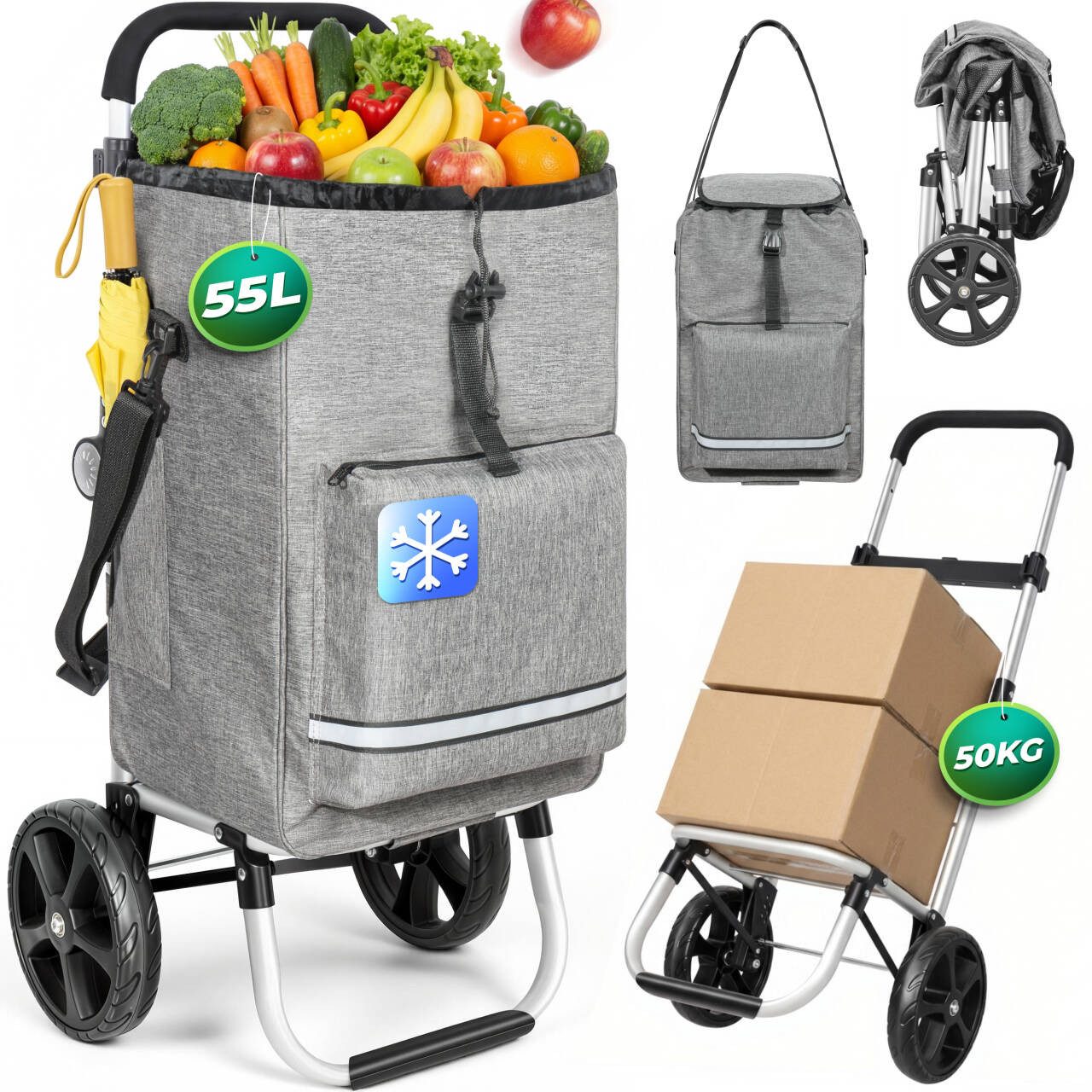 HOMECALL Einkaufstrolley klappbar Einkaufswagen 3 in 1 Shopping Trolley Mit Kühltasche-55L, Bis 50KG mit 50L + 5L kühlfunktion Einkaufstasche mit Rollen