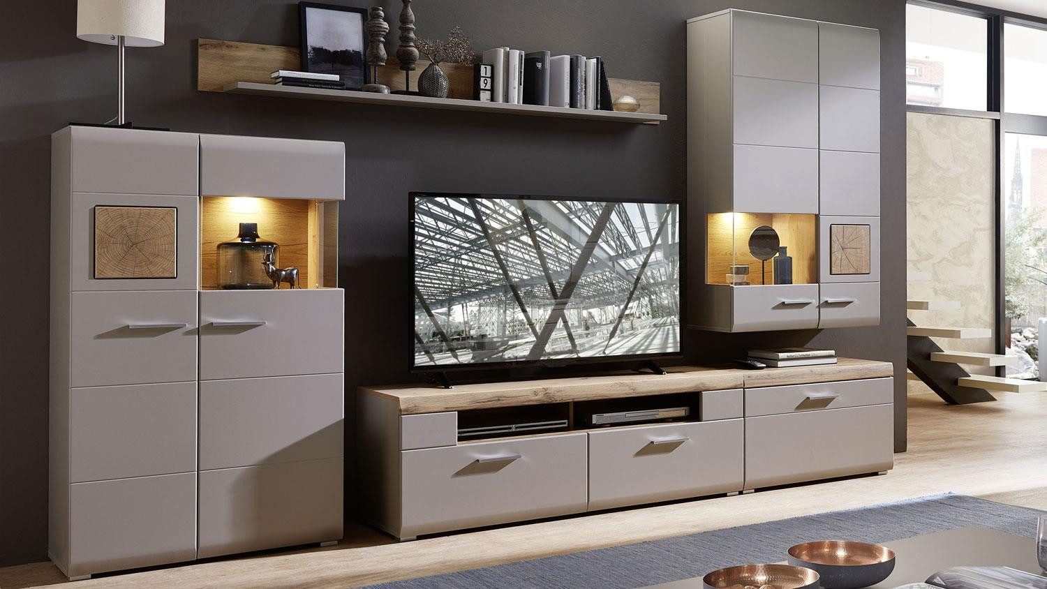 Innostyle Wohnwand Wohnwand 1 Fun Plus II basalt Eiche Altholz Glas