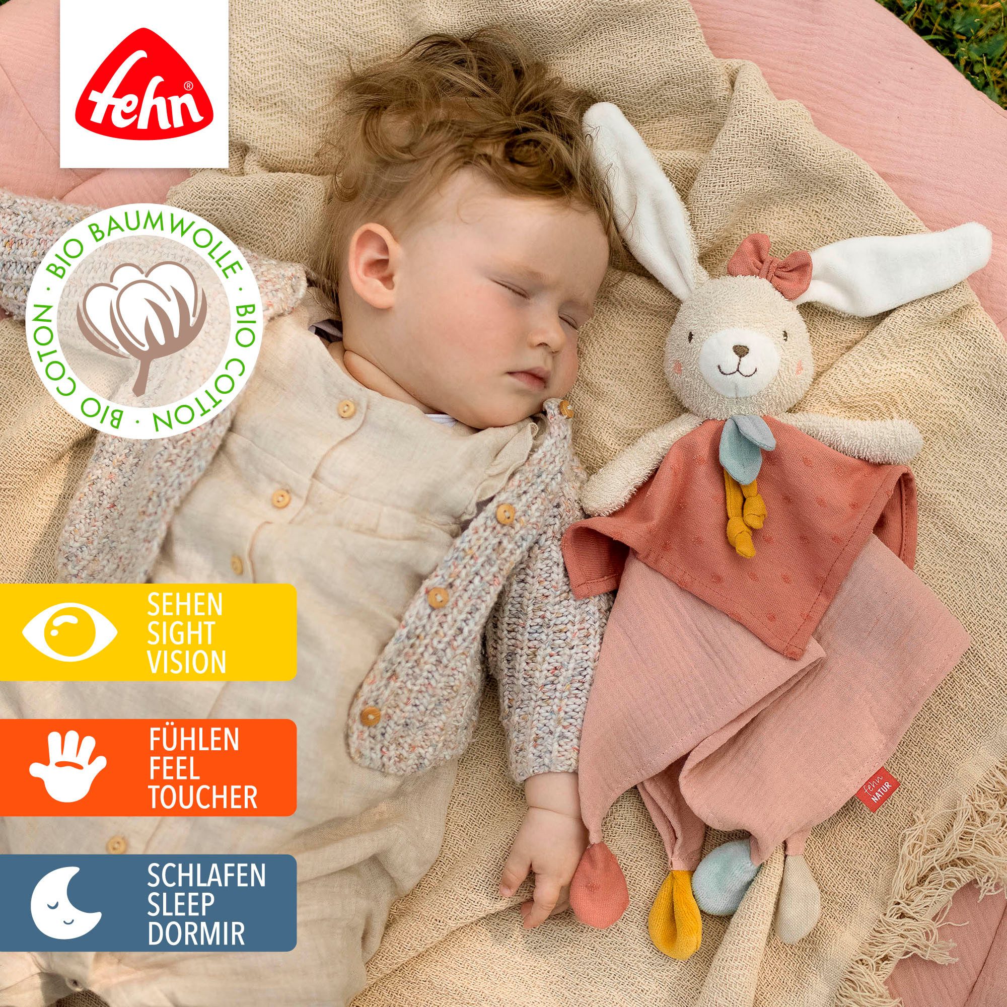 Fehn Schmusetuch fehnNATUR, Hase, mit Befestigungsring für Schnuller