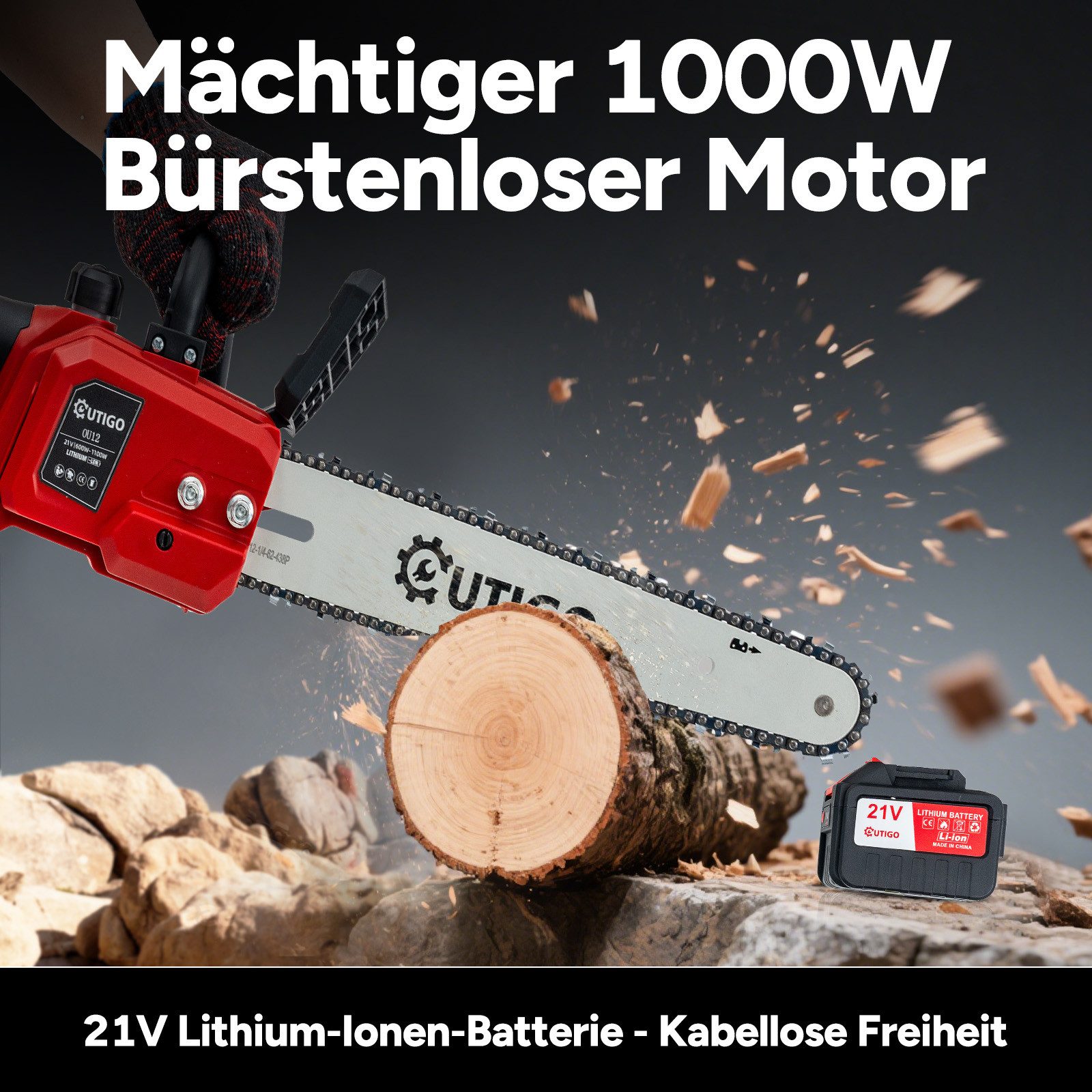 OUTIGO Cordless Chainsaw 12'' Chainsaw, 2*4500 mAh Batteries, 1000W Brushless Electric Chainsaw, 2*4.5 AH Batteries, 12 inch, 2 Batteries, 1 Chain + 1 Guide Bar, 1000 W
