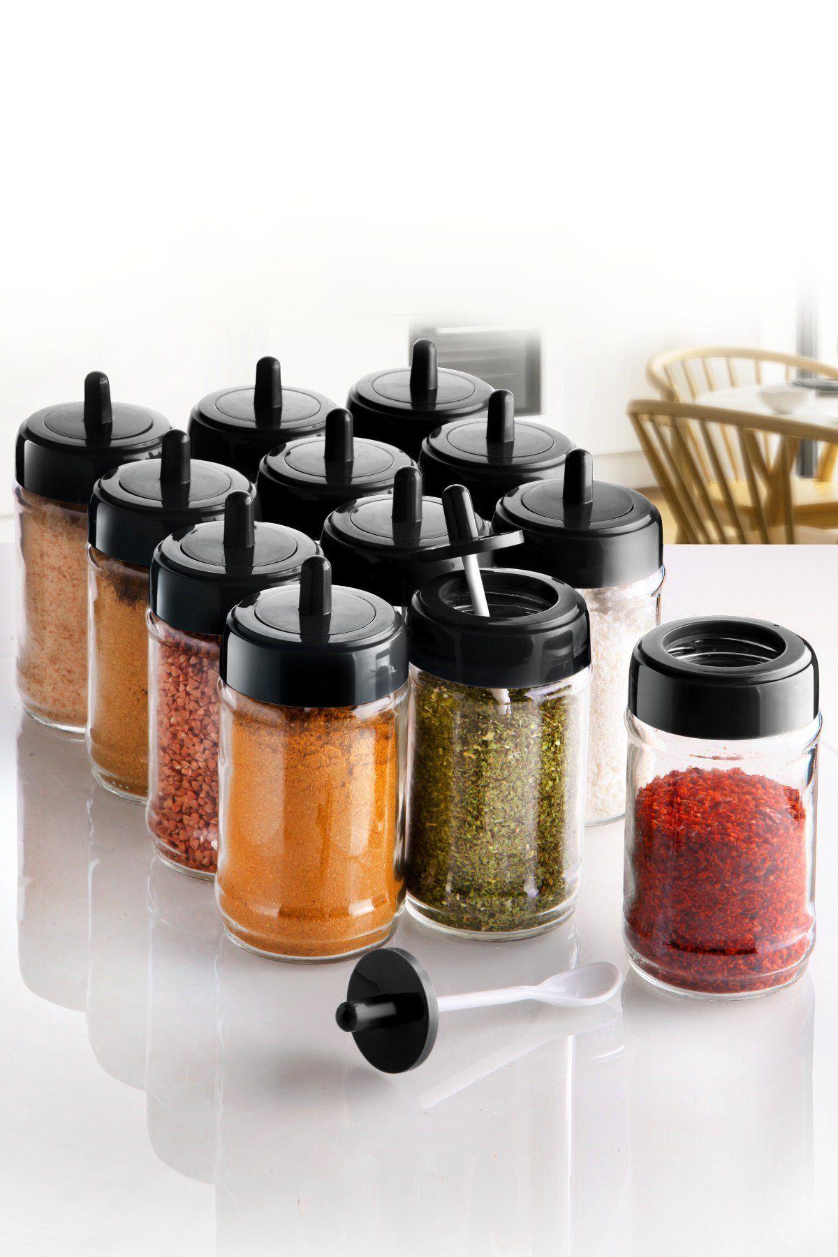 Hermia Concept Vorratsdose Erika,(12 Stücke), Gewürzglas Set, Schwarz, 100% Glas, Glas, (Set, 12-tlg., 12x Gewürzglas mit Deckel), Großes Volumen: 300 ml pro Glas