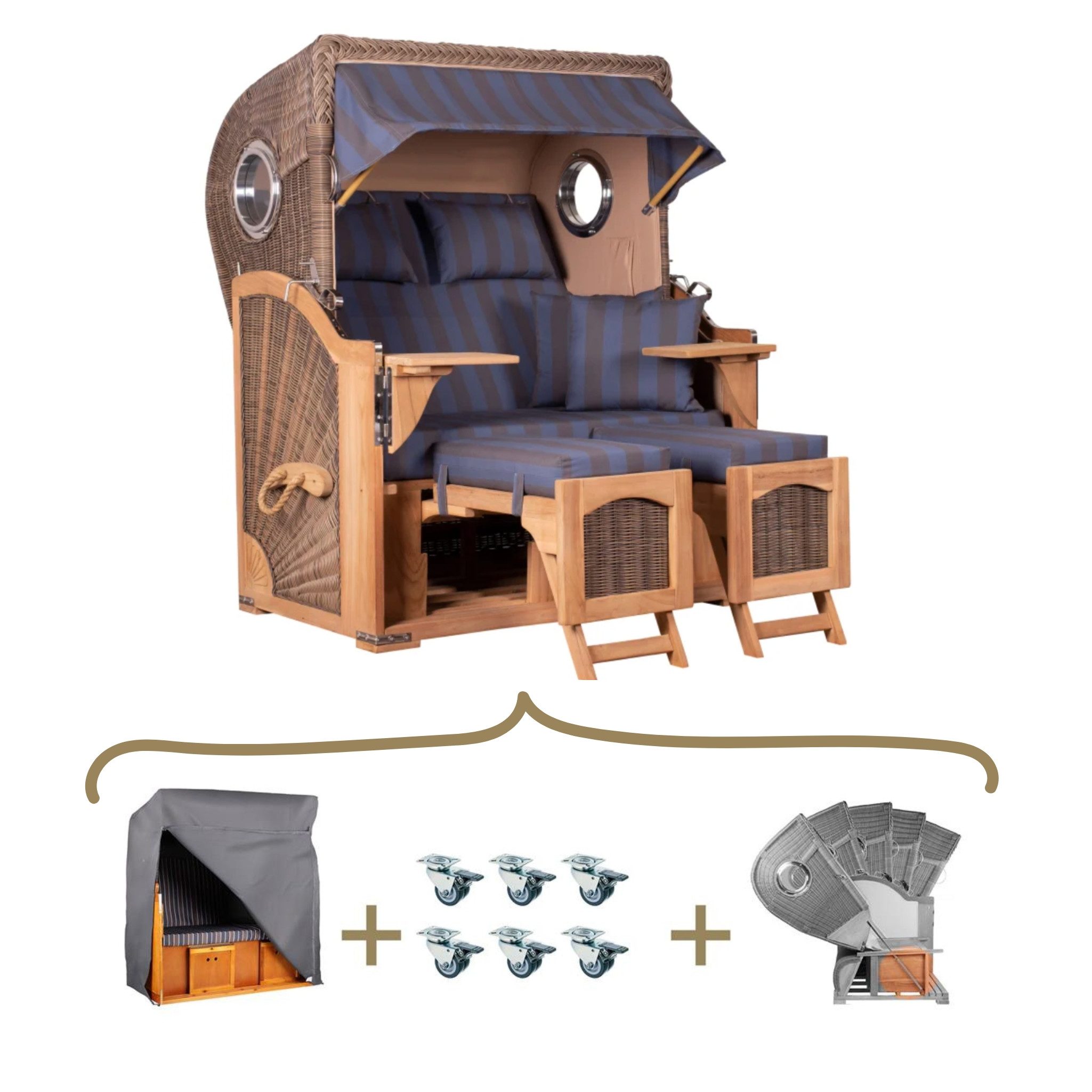 MR.DEKO Strandkorb Komplettset Düne Teak Grey Volllieger inkl. Lifter & Haube Blau/Grau, BxTxH: 125x80x170 cm, Volllieger, Düne, (Luxus-Komplettset 4-tlg. inkl. Abdeckhaube, 4-tlg., Strandkorb mit Abdeckhaube, Rollen & Lifter-System), Wetterfester Strandkorb inkl. Lifter & Rollen, Fertig montiert