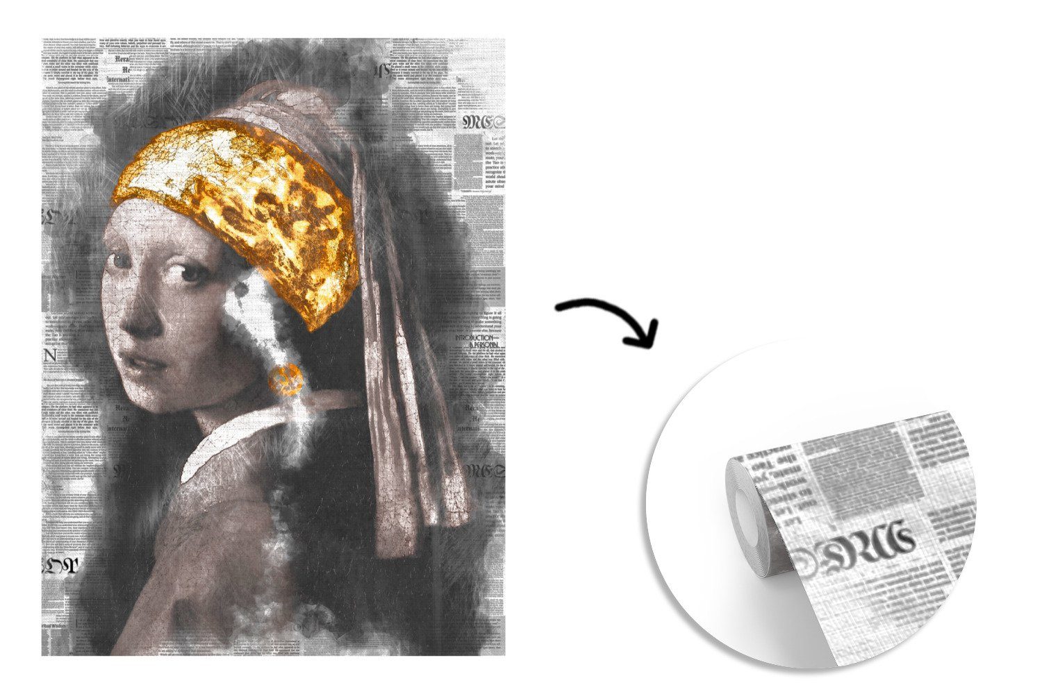 Wohnzimmer, Collage, Montagefertig Tapete (4 St), mit Vinyl Fototapete - dem Mädchen für bedruckt, Wandtapete MuchoWow Matt, Perlenohrring Das Vermeer -