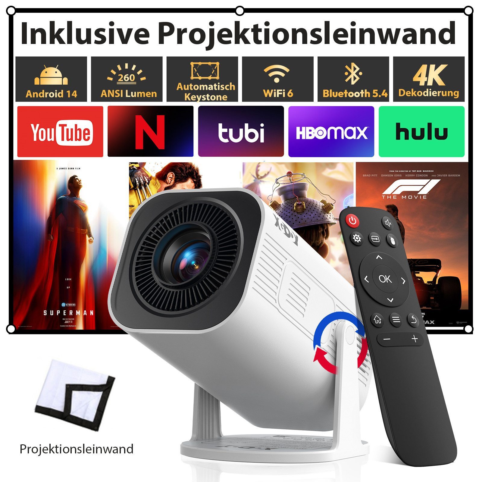 XGODY Tragbarer Projektor Unterstützt 4K 1080P, Integrierte APP Android 14 Mini-Beamer (260 lm, 8000:1, 3840 x 2160 px, Mini Projektor mit Automatische Trapezkorrektur/WiFi 6/BT 5.4)