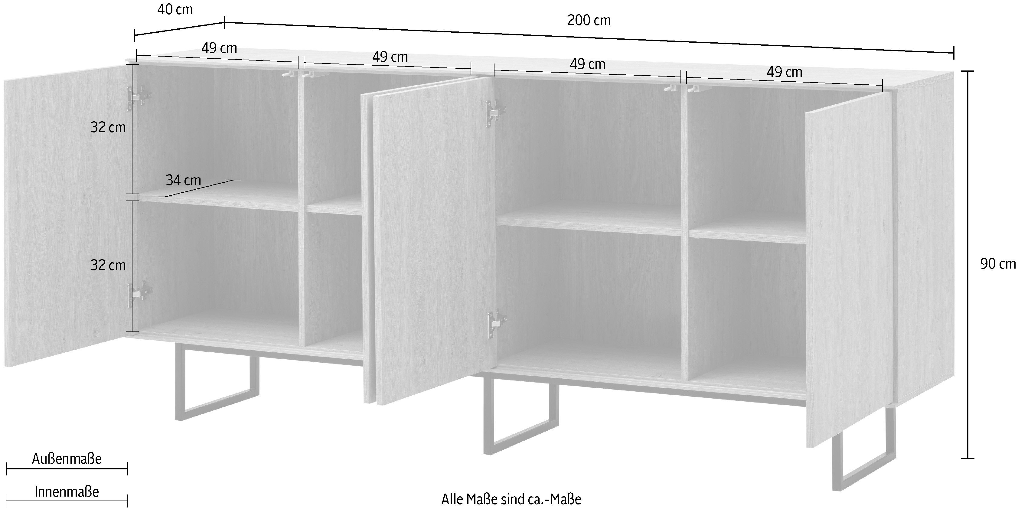 Home affaire Sideboard Lund, moderner Schrank, Kommode mit Kufengestell, ausreichend Stauraum, vielseitig einsetzbar, 200 cm breit