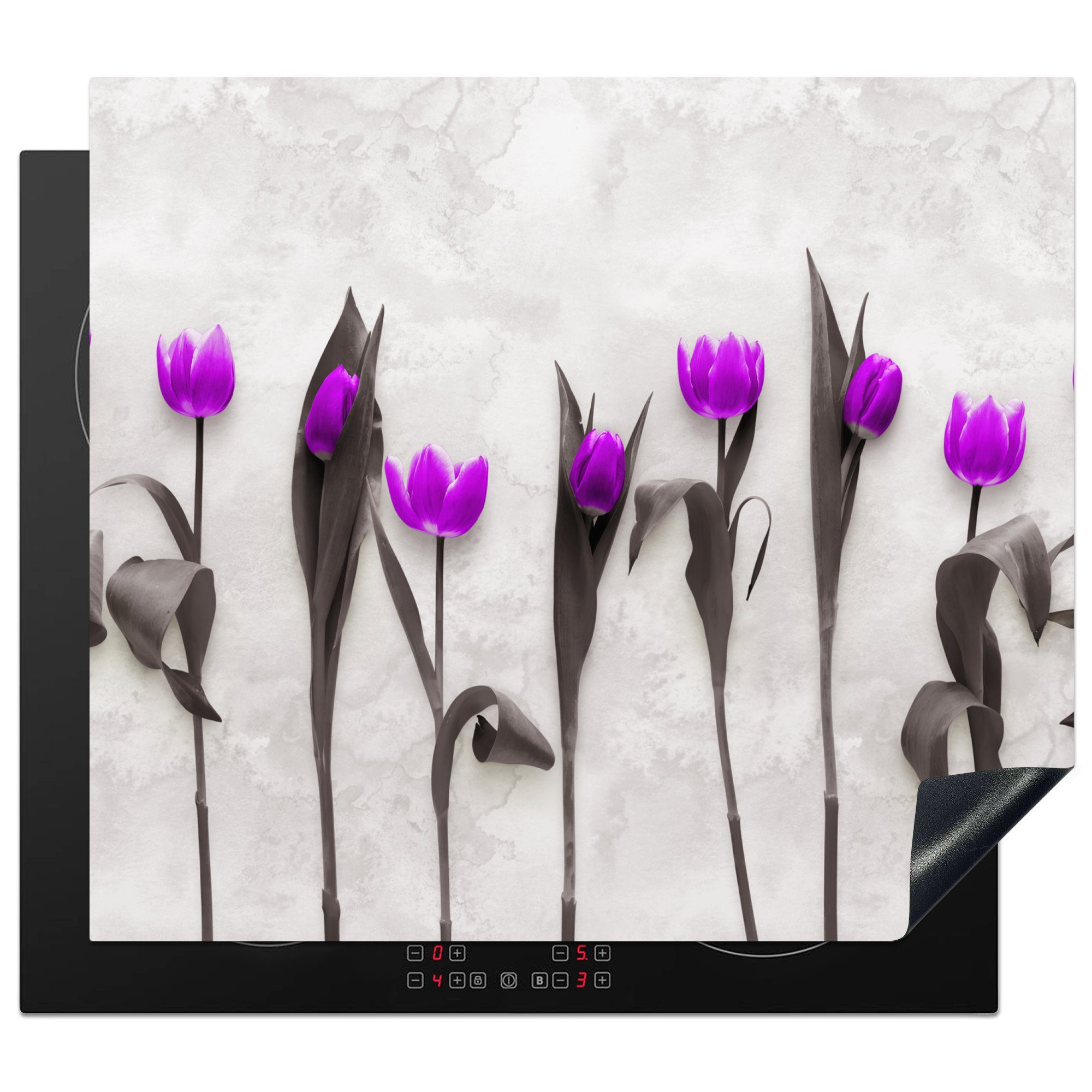 MuchoWow Herdblende-/Abdeckplatte cm, Vinyl, küche, - (1 Tulpen die Ceranfeldabdeckung 59x52 Lila, - Induktionsmatte Blumen tlg), für