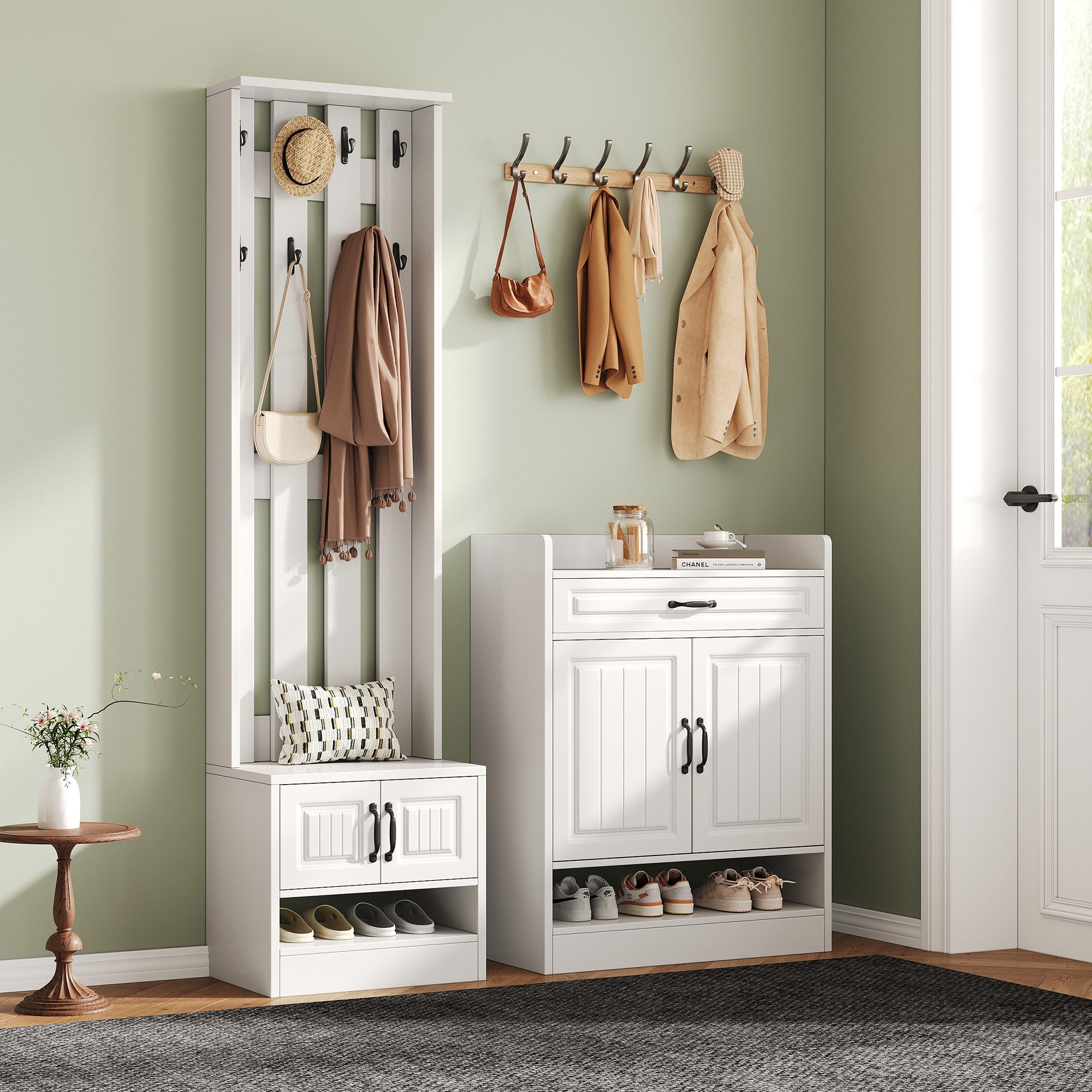 Refined Living Garderoben-Set Garderoben-Set mit Sitzbank, 4 Türen, Schublade & 8 Haken,Schuhschrank, (B125×T36×H190 cm, Flurgarderobe, Schuhschrank mit Sitzbank, 4 Türen, 1 Schublade, 8 Haken, 1-St., viel Stauraum, All-in-One Möbel, modern, Weiß, platzsparend), stabil, mit Kippsicherung, für Flur, Diele, kleine Wohnungen