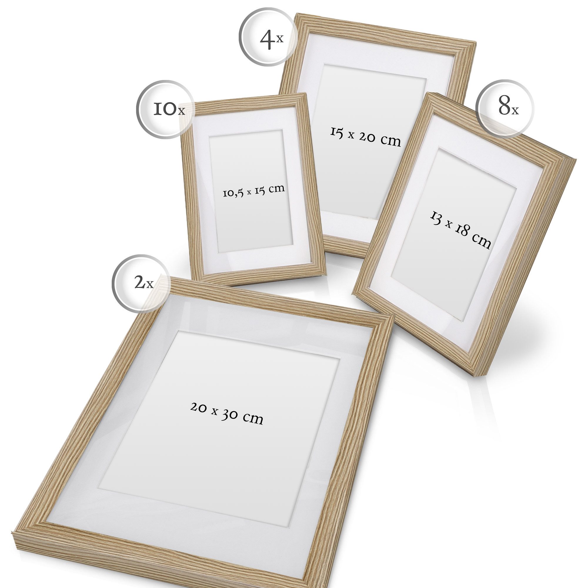 bomoe Bilderrahmen 24er Bilderrahmen Set Nature Fotorahmen Collage, Eiche, 10x 10x15 cm, 8X 13x18 cm, 4X 15x20 cm, 2X 20x30 cm mit Passepartout – Bild 2 von 5