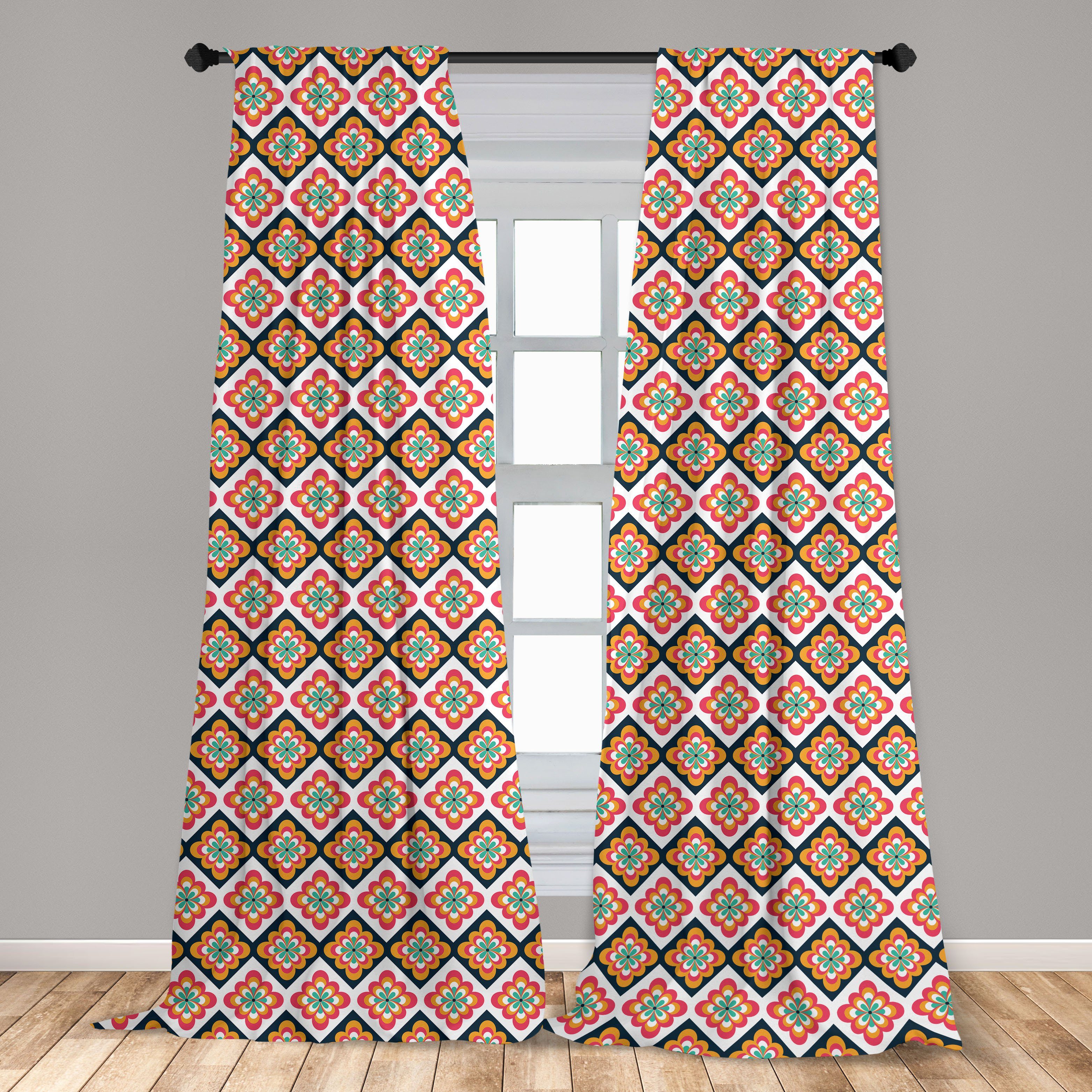 Gardine Vorhang für Wohnzimmer Schlafzimmer Checkered Ethnisch Microfaser, Dekor, Abakuhaus, Folkloric Vibrant