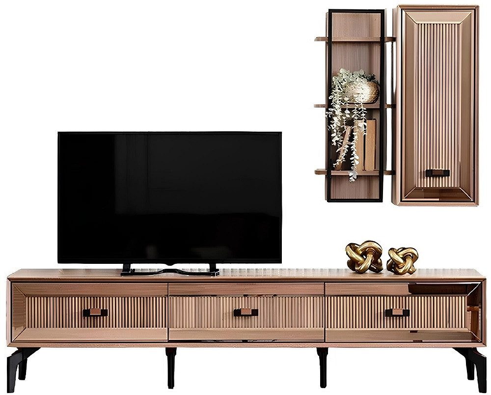 TV-Schrank Wohnzimmer Möbel Set TV Stand Schrank RTV Lowboard Regale Gold Holz