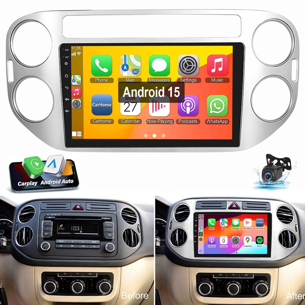 ESSGOO Für VW Tiguan 5N 2010-2016 Android 15 Carplay Android Auto Autoradio (RDS, Digitalradio (DAB), FM, AM, Carplay Android Auto GPS Navi WIFI BT SWC EQ)