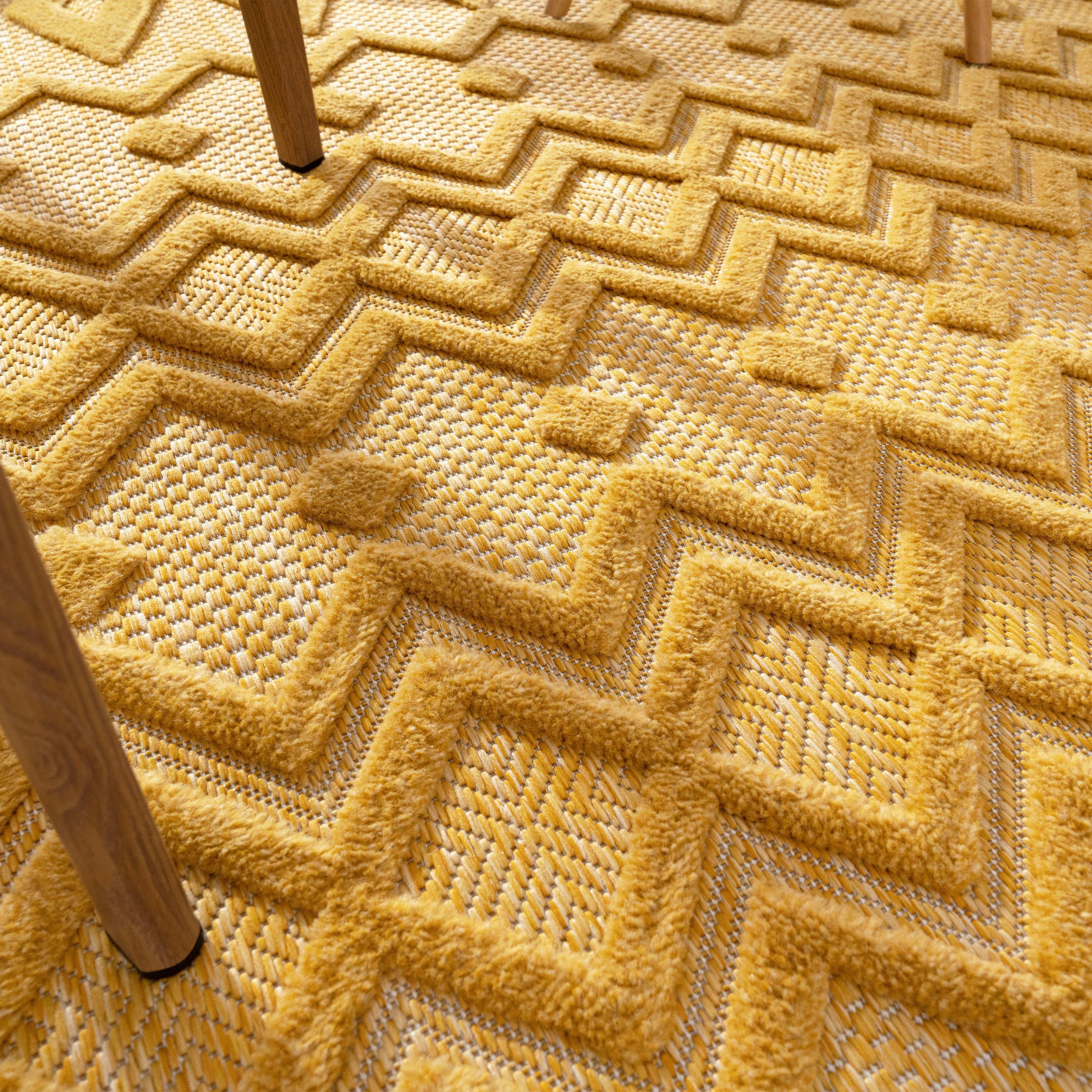 Teppich Livorno Paco rechteckig, Rauten 671, Effekt, Outdoor geeignet Uni-Farben, Hoch-Tief Höhe: Home, 14 Scandi, gelb mm, Muster