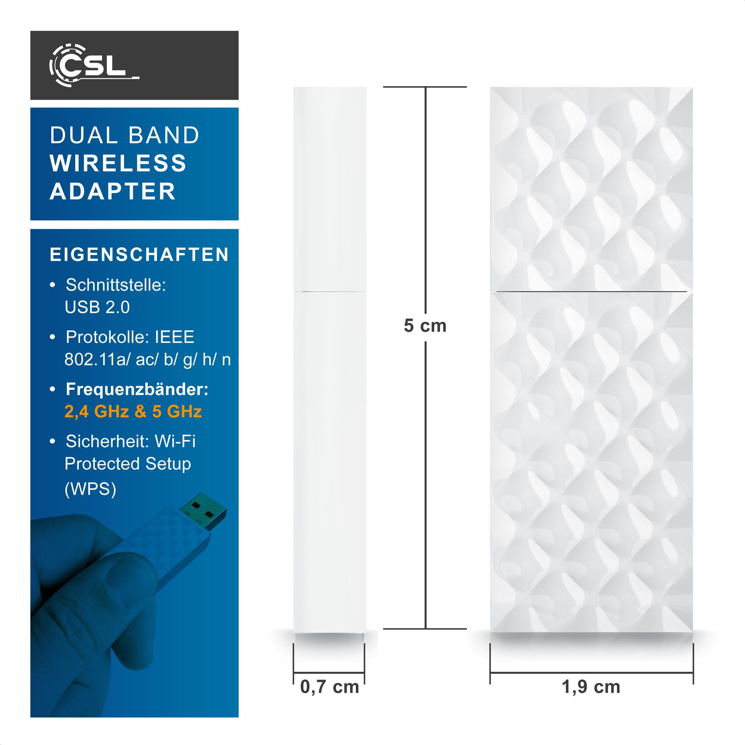 CSL WLAN-Dongle AC450 WIFI Dual Band Stick, 433 MBit/s, 2,4 GHz / 5 GHz, 802.11ac, WPS, Wi-Fi Direct, SoftAP, Infrastruktur-Netz, Status-LED, Windows