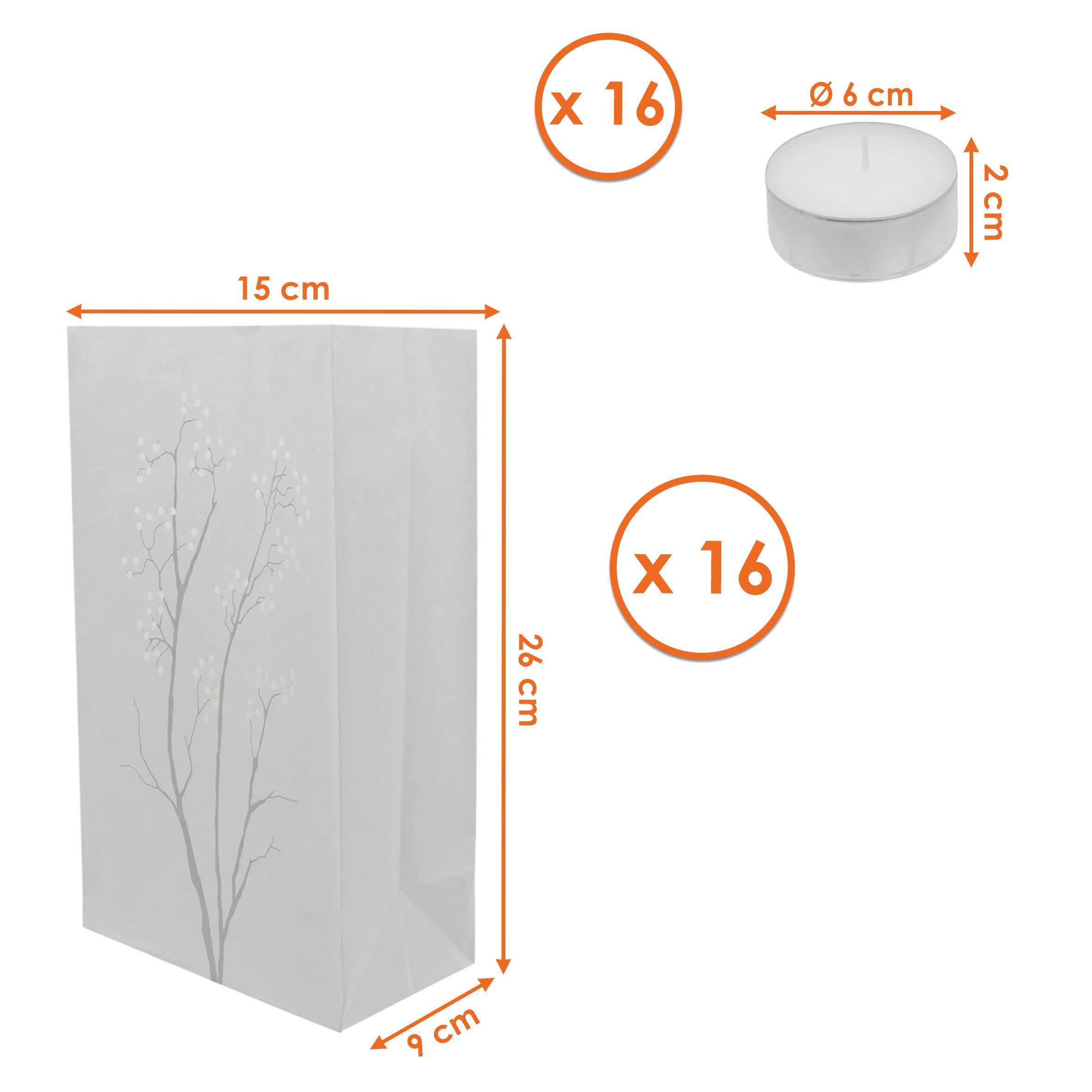 Spetebo Papierdekoration Lichtertüten Set inklusive 16 Teelichter mit 10 Stunden Brenndauer, Papierlaternen mit Strauch-Motiv Deko für Garten, Balkon oder Hochzeit