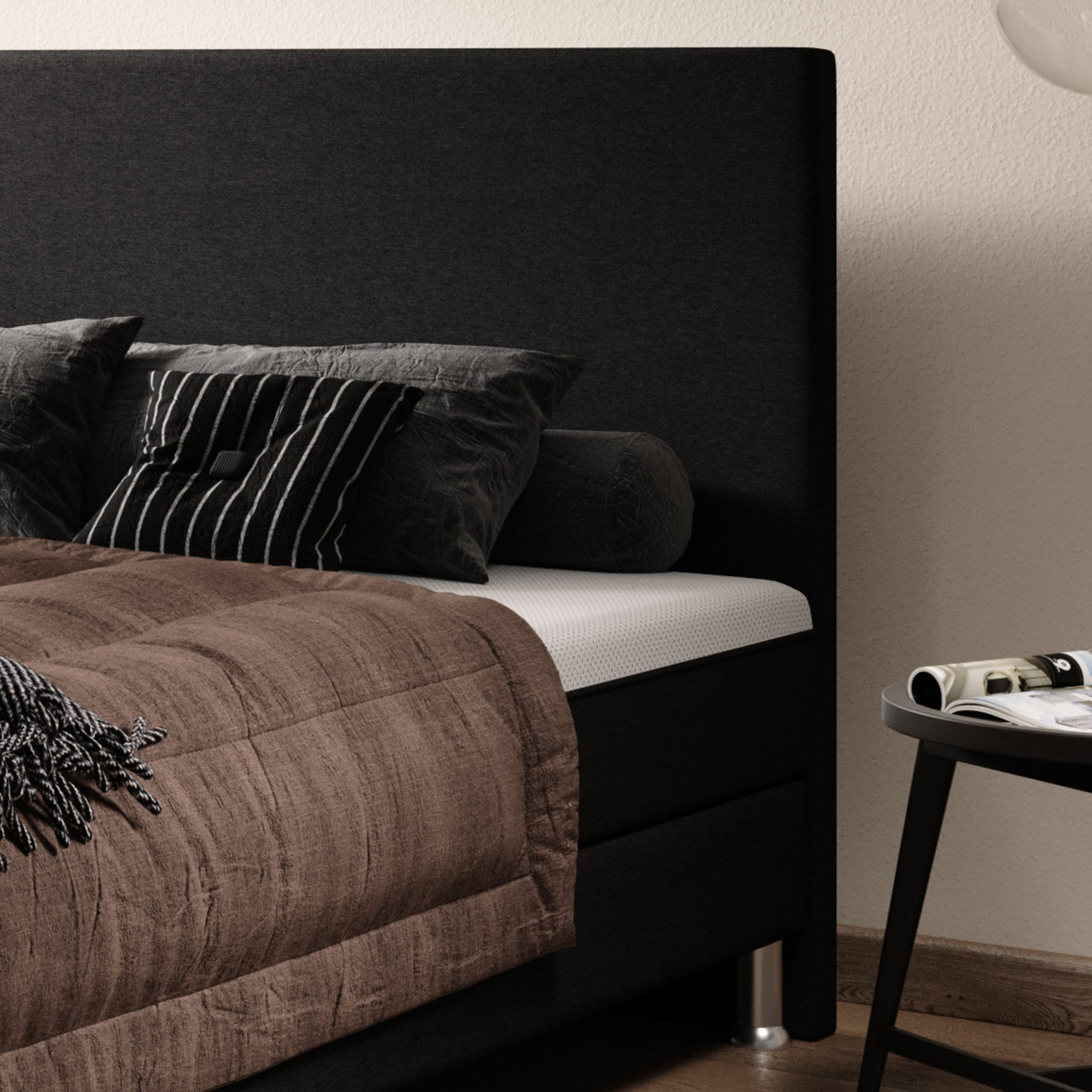 inter Boxspringbett Sunny Webstoff mit 7 Zonen Taschenfederkernmatratzen und Topper-Optik (180x200 cm, Schwarz mit 7 Zonen Taschenfederkernmatratzen und Topper-Optik), Taschenfederkern-Komfort, gepolstertes Kopfteil, inklusive Matratzen