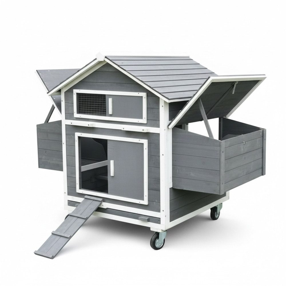 Mucola Hühnerstall Hühnervoliere inkl. 2 Nestboxen Hühnerhaus Holz Geflügelstall, Rollbar, 4 Nistplätzen, Holzrampe, 2 Sitzstangen